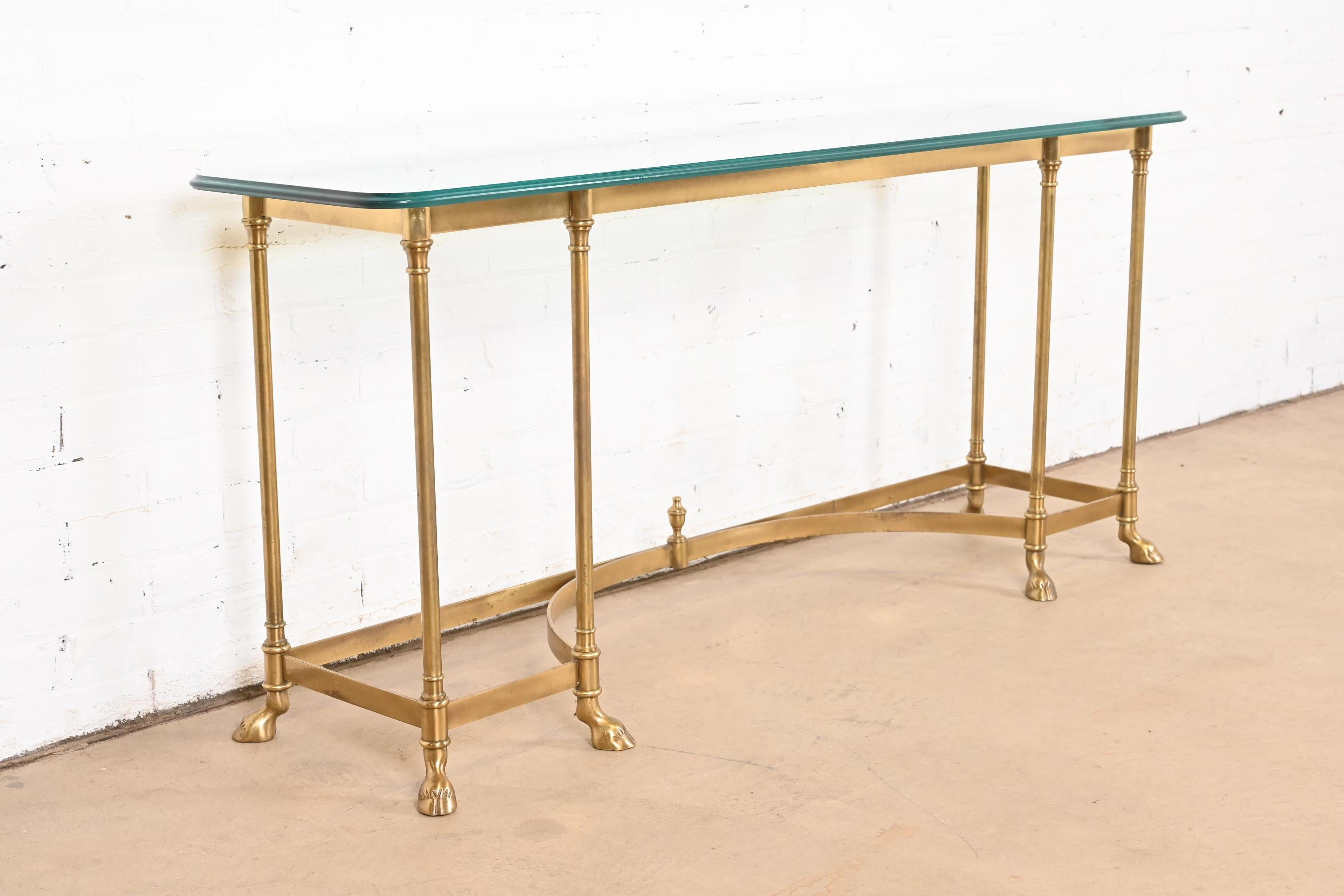 Labarge Hollywood Regency Brass and Glass Hooved Feet Console Table, Circa 1960s For Sale 1