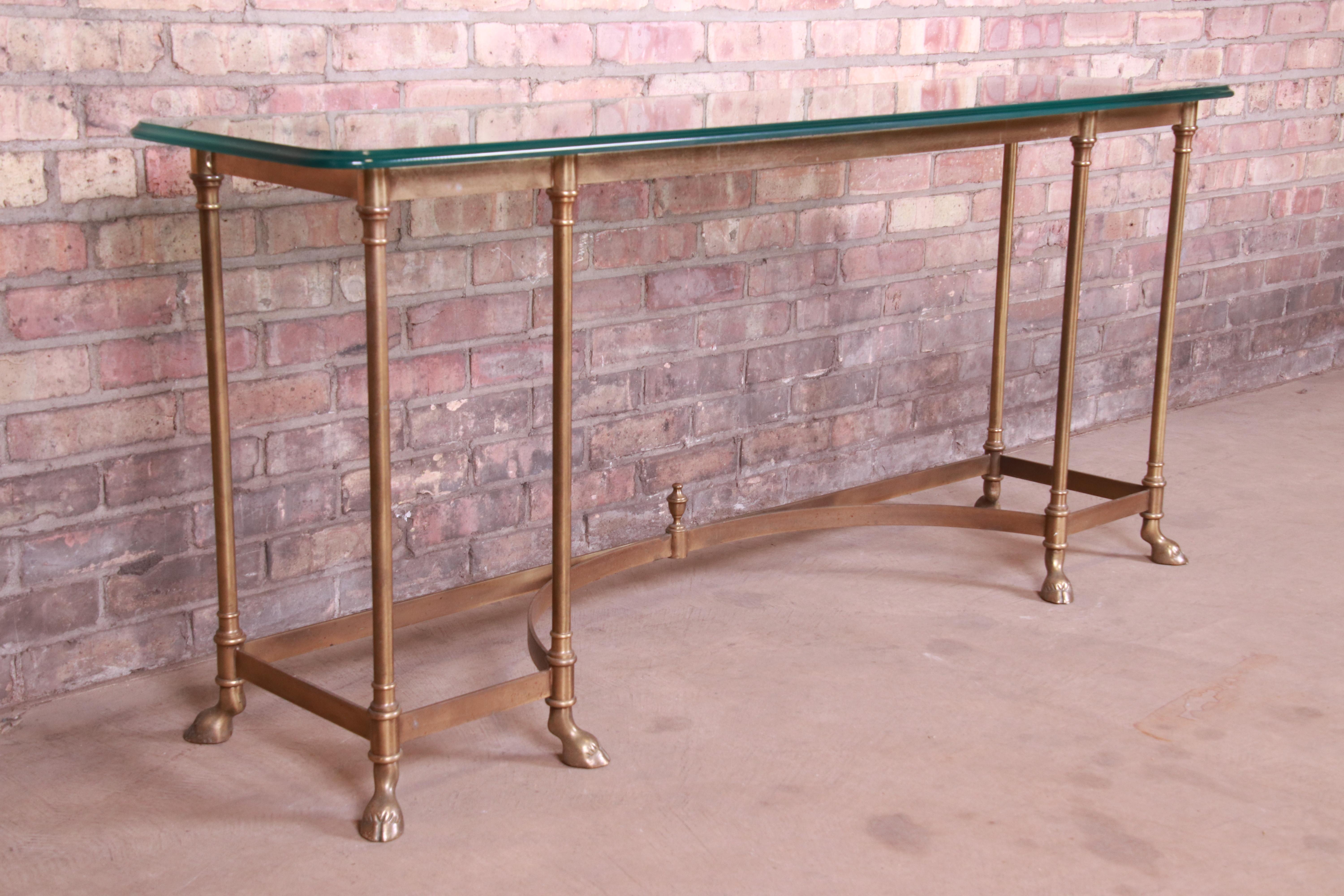 Labarge Hollywood Regency Brass and Glass Hooved Feet Console Table, circa 1960s 1