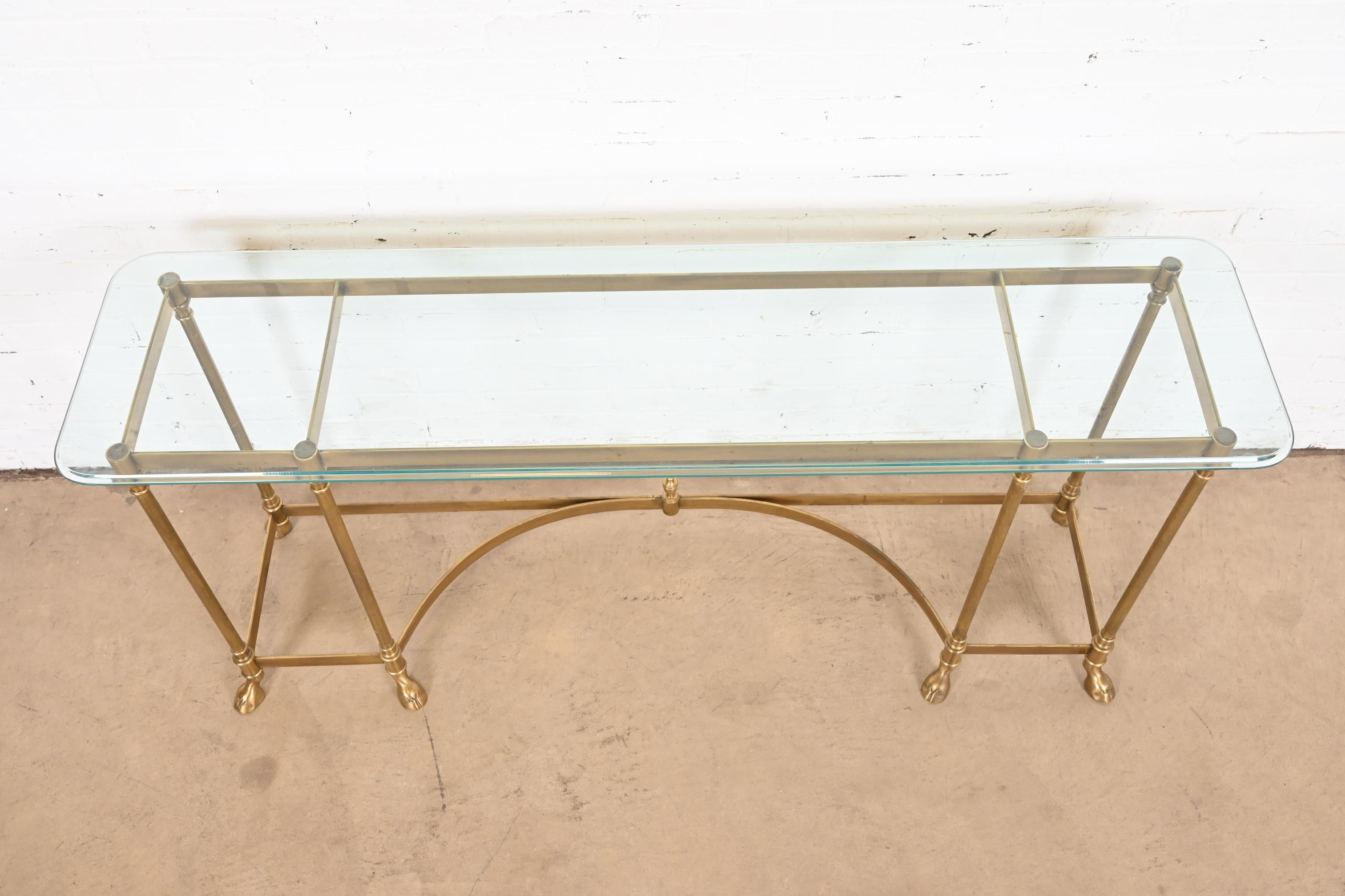 Labarge Hollywood Regency Brass and Glass Hooved Feet Console Table, Circa 1960s For Sale 2