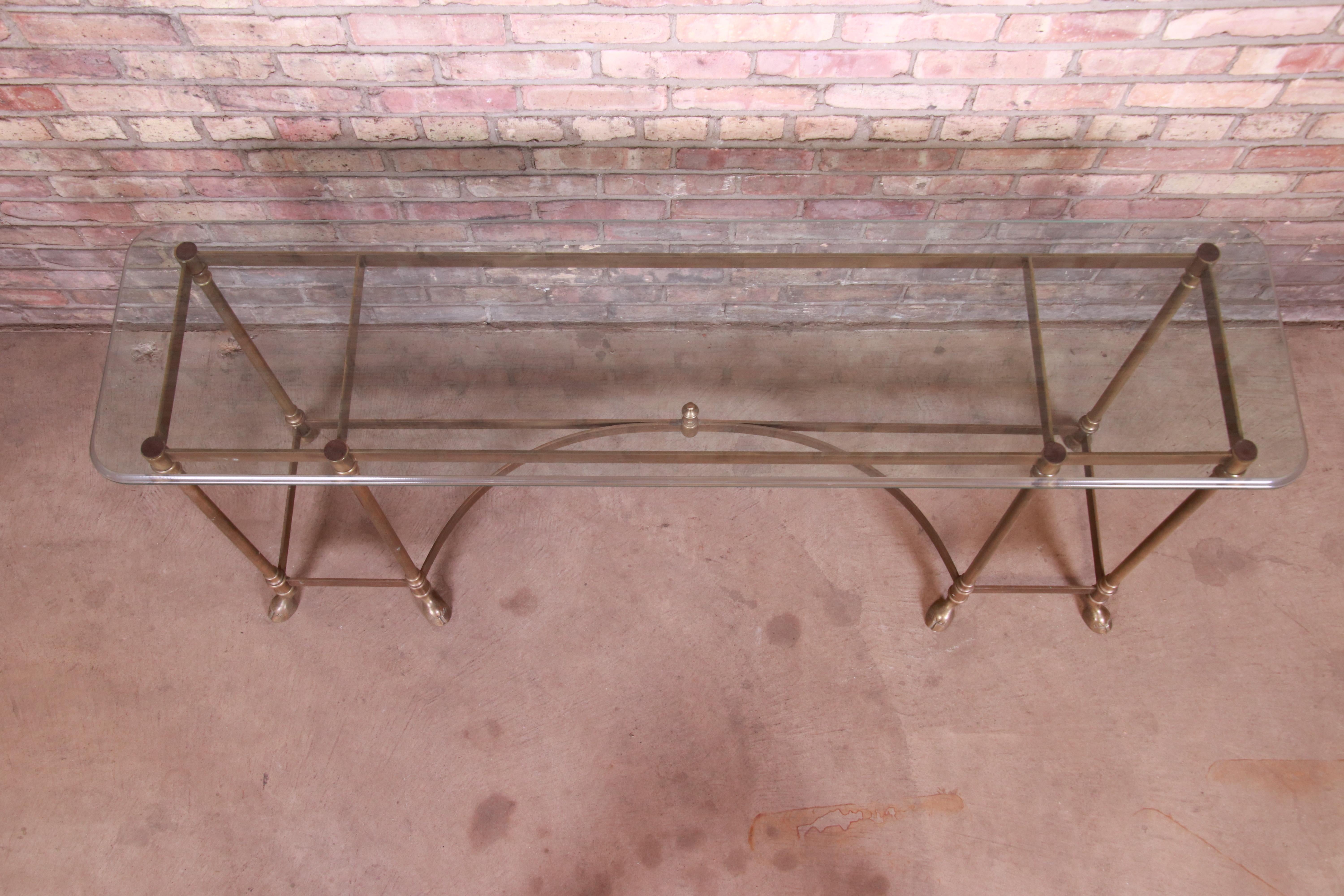 Labarge Hollywood Regency Brass and Glass Hooved Feet Console Table, circa 1960s 2