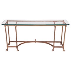 Labarge Hollywood Regency Brass and Glass Hooved Feet Console Table, circa 1960s
