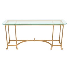 Labarge Hollywood Regency Brass and Glass Hooved Feet Console Table, Circa 1960s