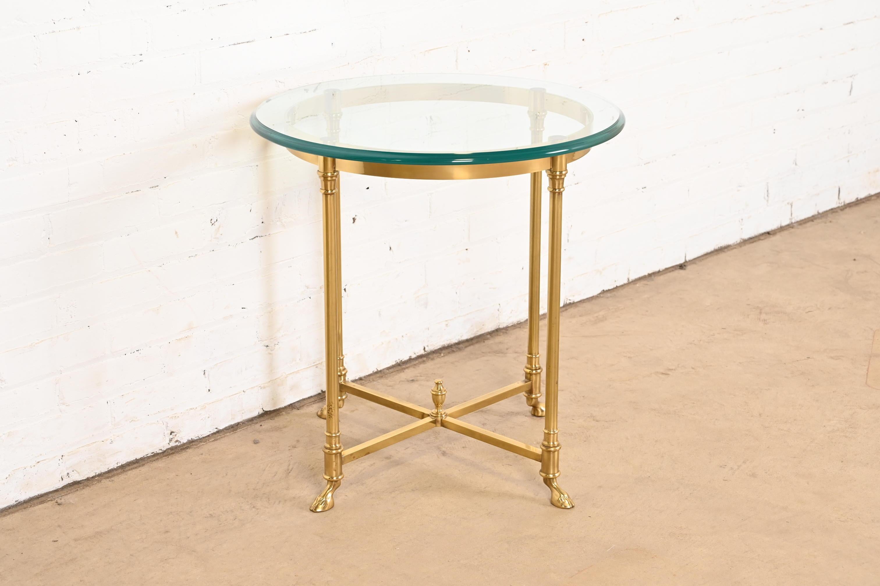 Labarge Hollywood Regency Brass and Glass Side Table With Hooved Feet, 1960s In Good Condition In South Bend, IN