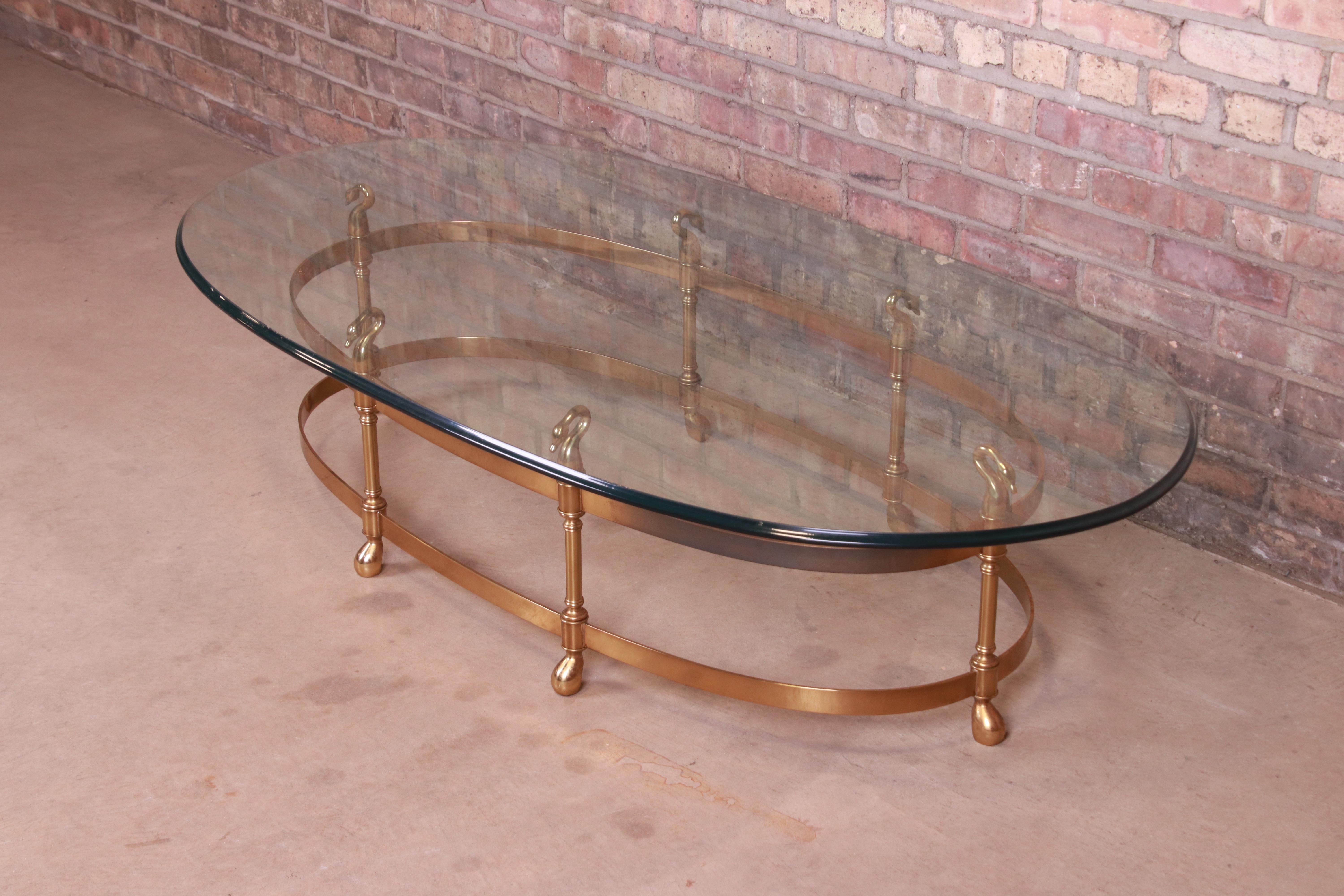 Mid-Century Modern Labarge Hollywood Regency Brass and Glass Swan Motif Cocktail Table, Circa 1960s