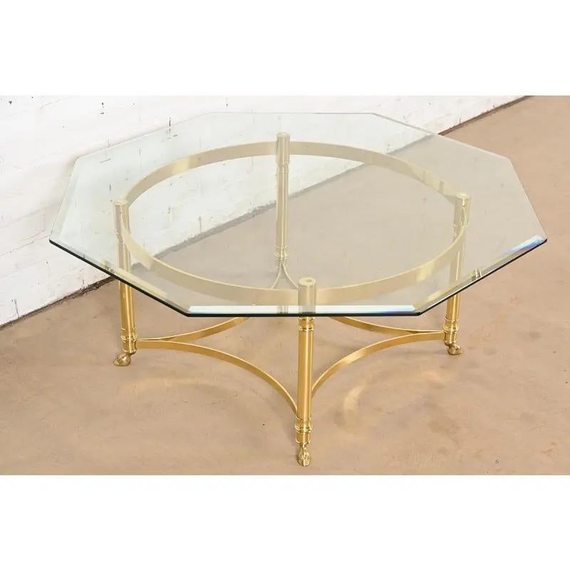 Labarge Hollywood Regency Brass, Glass Hooved Feet Cocktail Table, Circa 1960s In Good Condition For Sale In South Bend, IN