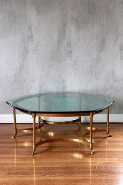 Labarge Hollywood Regency Brass Hoof Base with Hexagonal Glass Cocktail Table