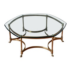 Labarge Hollywood Regency Brass Hoof Base with Hexagonal Glass Cocktail Table
