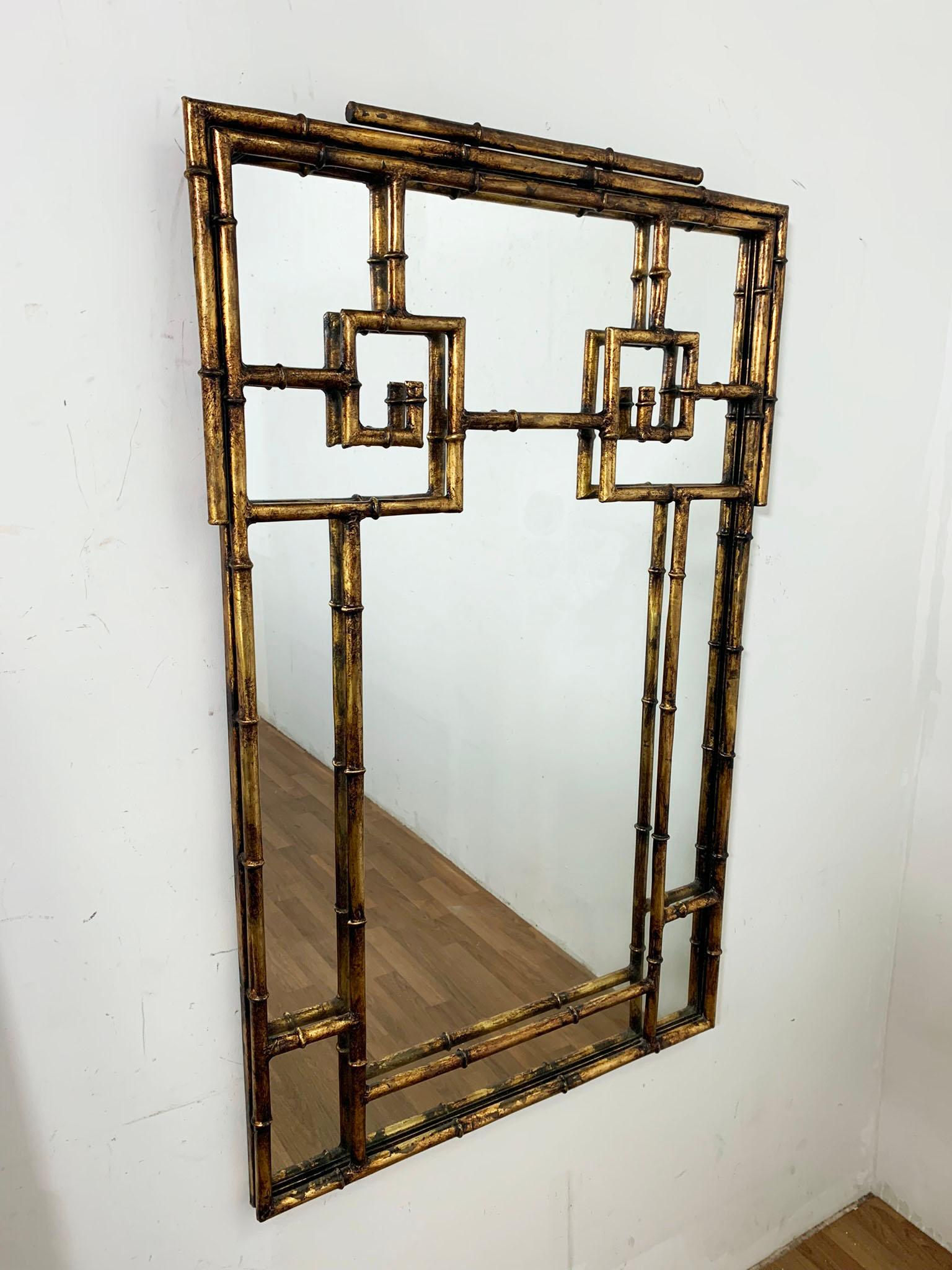 Gilded faux bamboo mirror by La Barge in the Chinese Chippendale manner with wonderful original patina, circa 1950s.