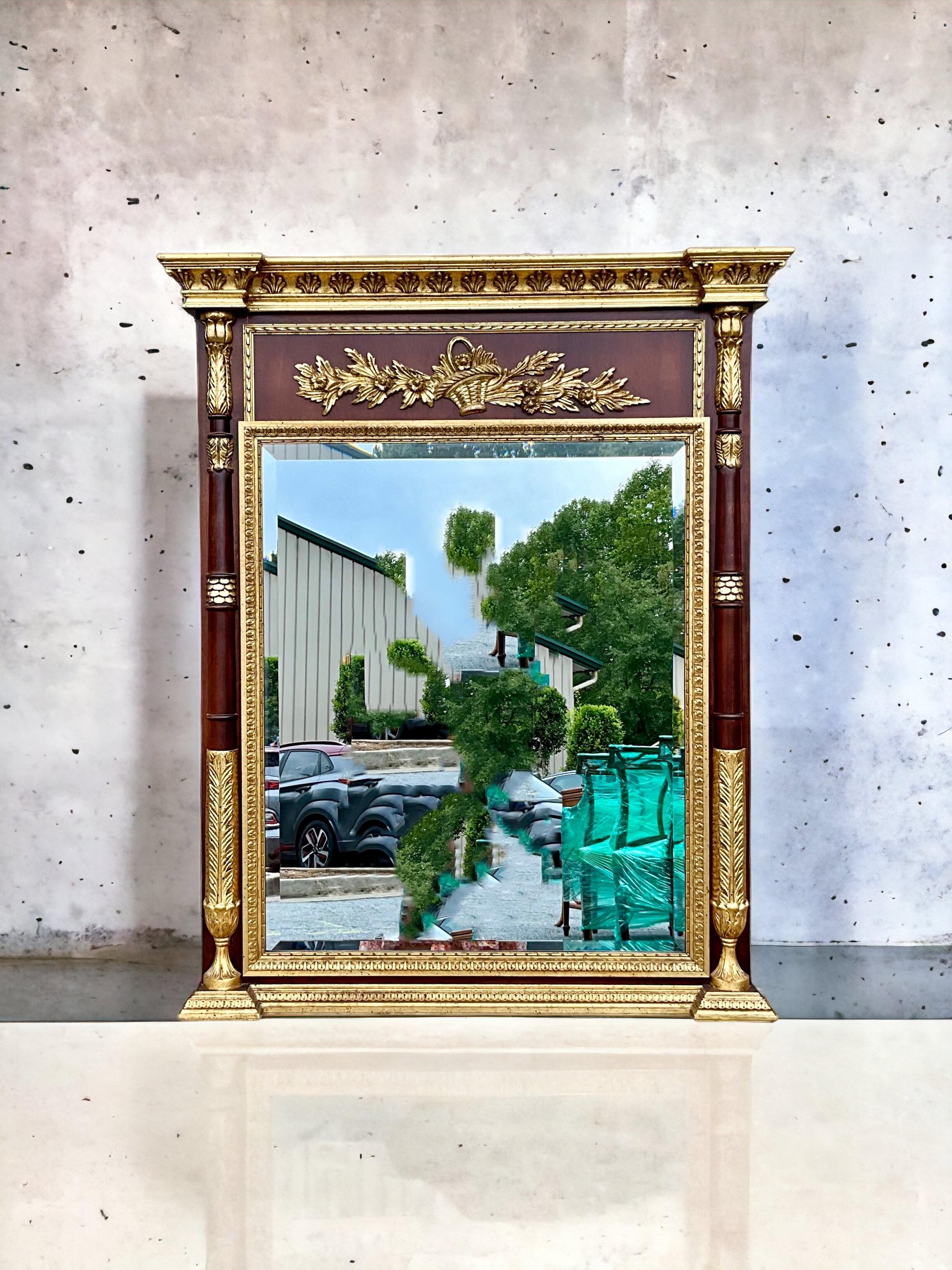 This is a lovely Italian  neo-classical revival style carved giltwood trumeau mirror by LaBarge. It is in very good condition. The back is marked. 

My shipping is for the Continental US only, and it can run two to five weeks.