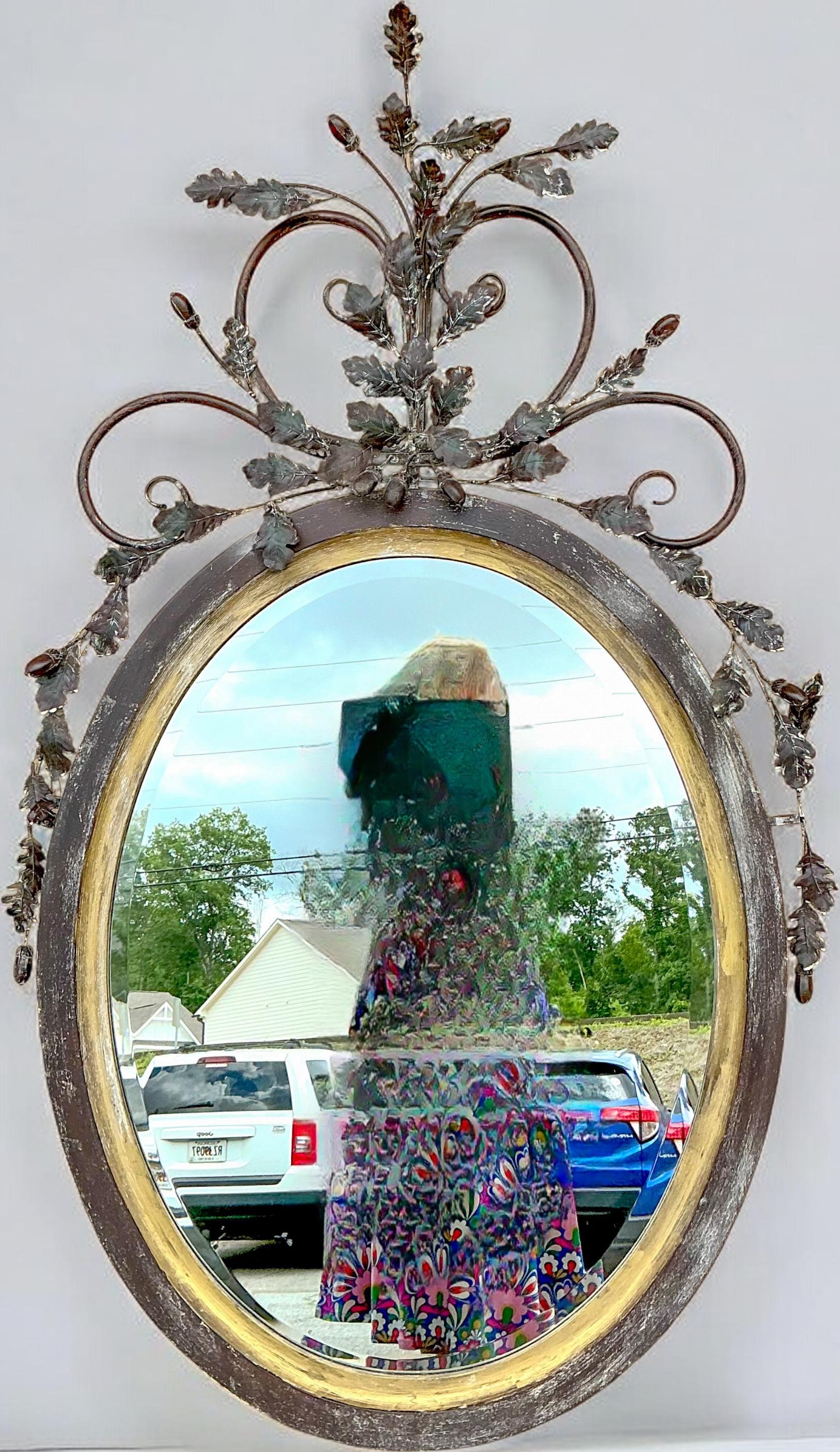LaBarge Italian Giltwood & Painted Tole Mirror With Acorn & Leaf Metal Foliate In Good Condition For Sale In Kennesaw, GA