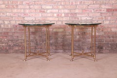 Labarge Italian Hollywood Regency Brass and Glass Side Tables with Hooved Feet