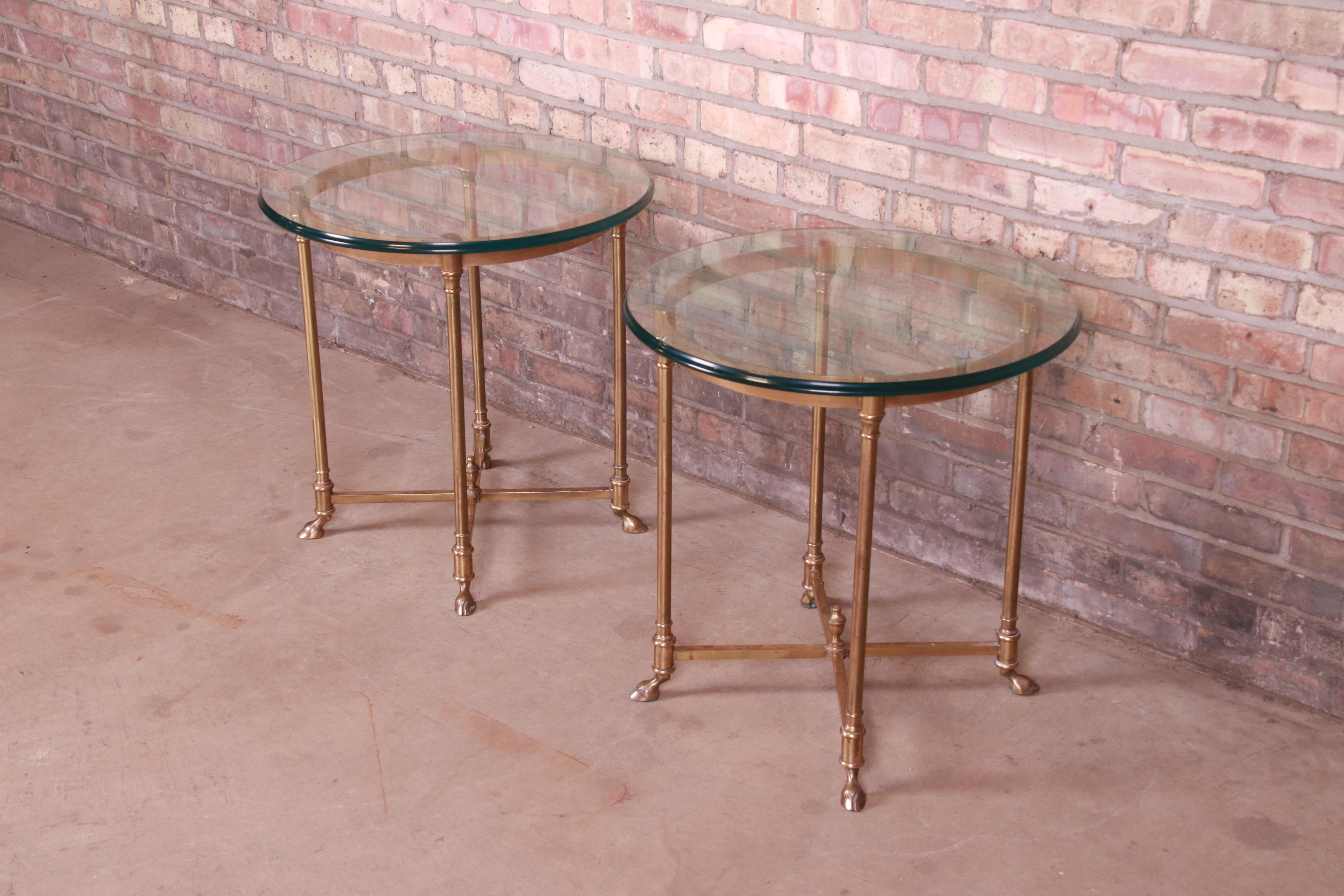 Mid-Century Modern Labarge Italian Hollywood Regency Brass and Glass Side Tables with Hooved Feet