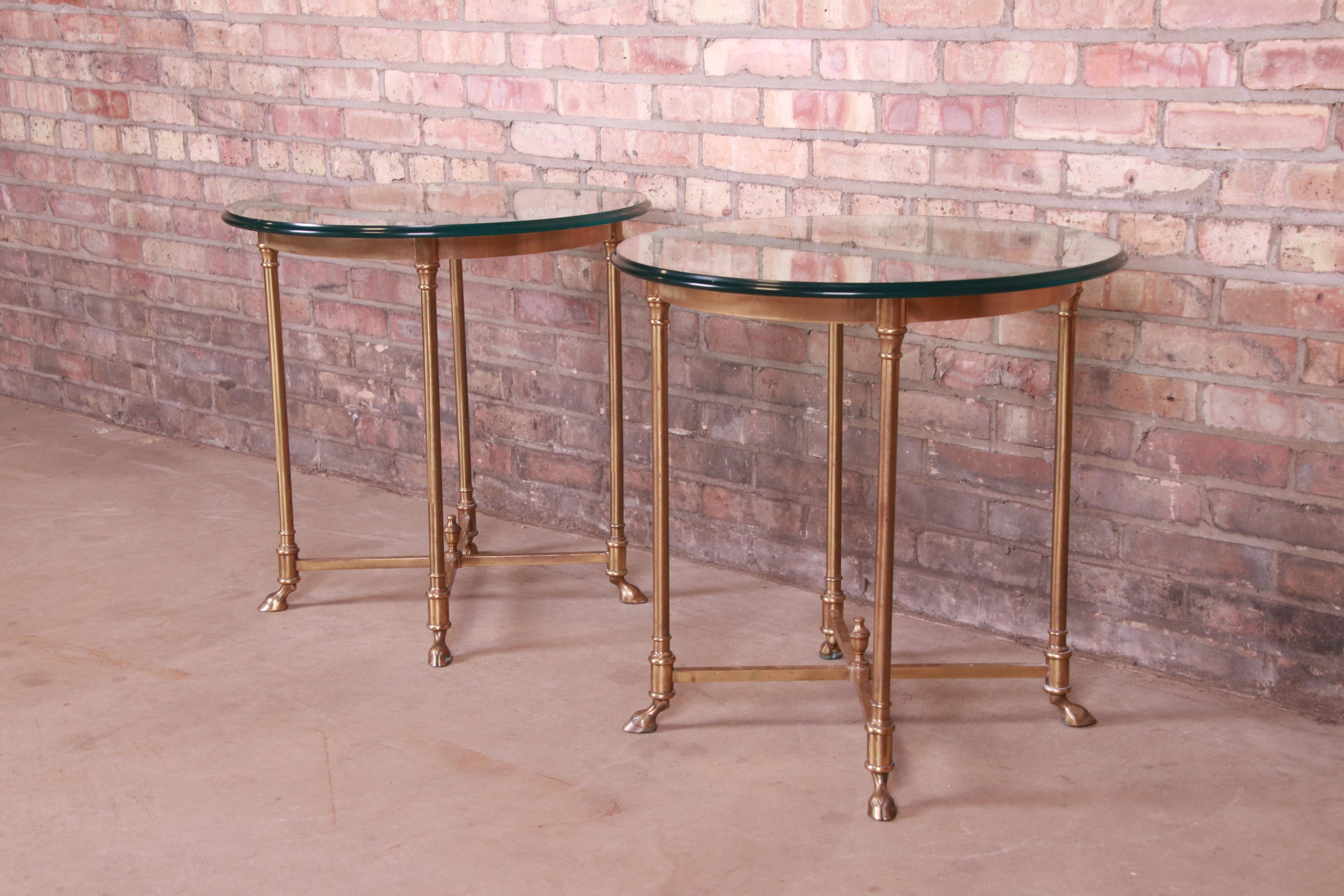 Beveled Labarge Italian Hollywood Regency Brass and Glass Side Tables with Hooved Feet