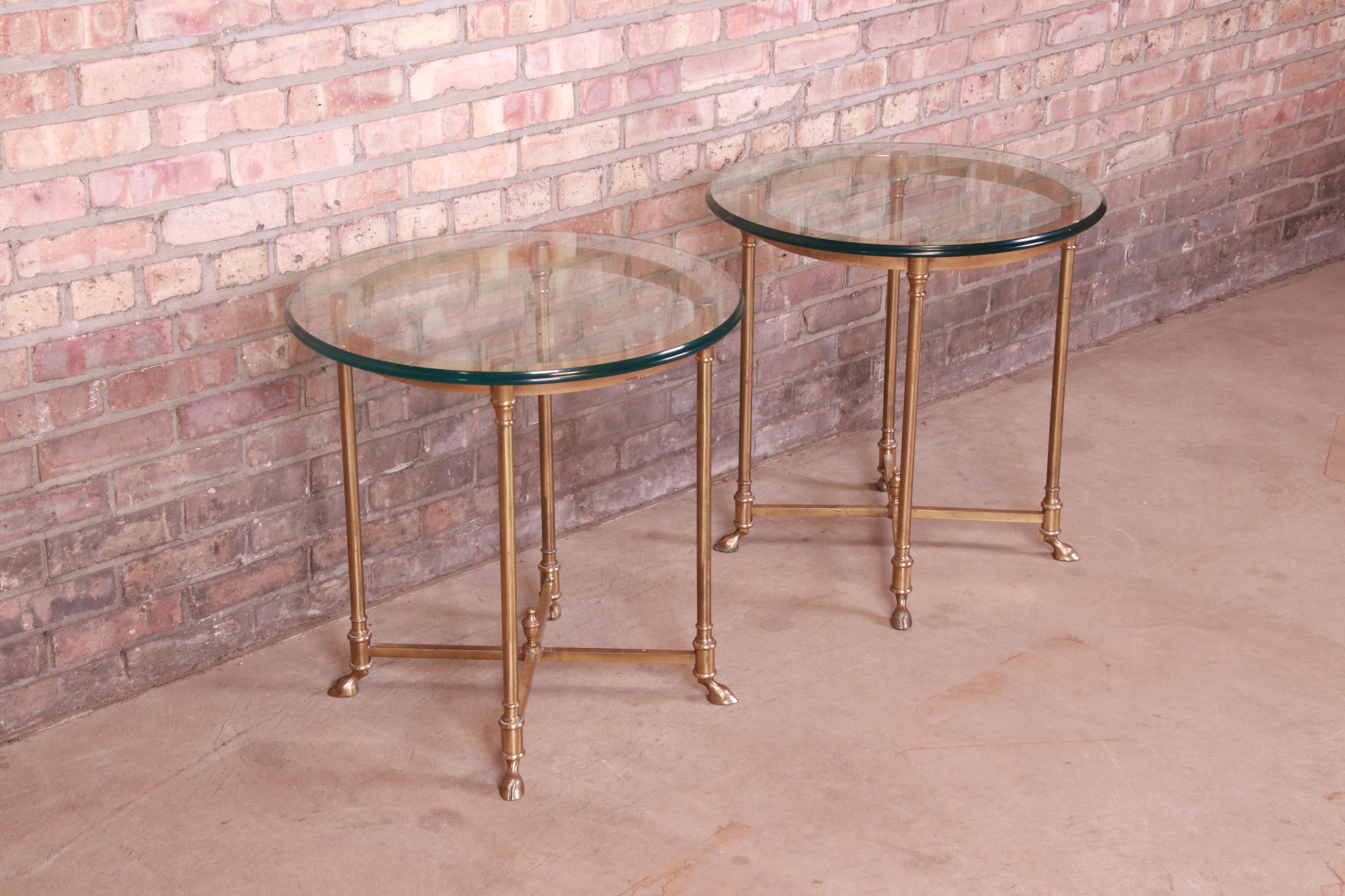 Labarge Italian Hollywood Regency Brass and Glass Side Tables with Hooved Feet In Good Condition In South Bend, IN