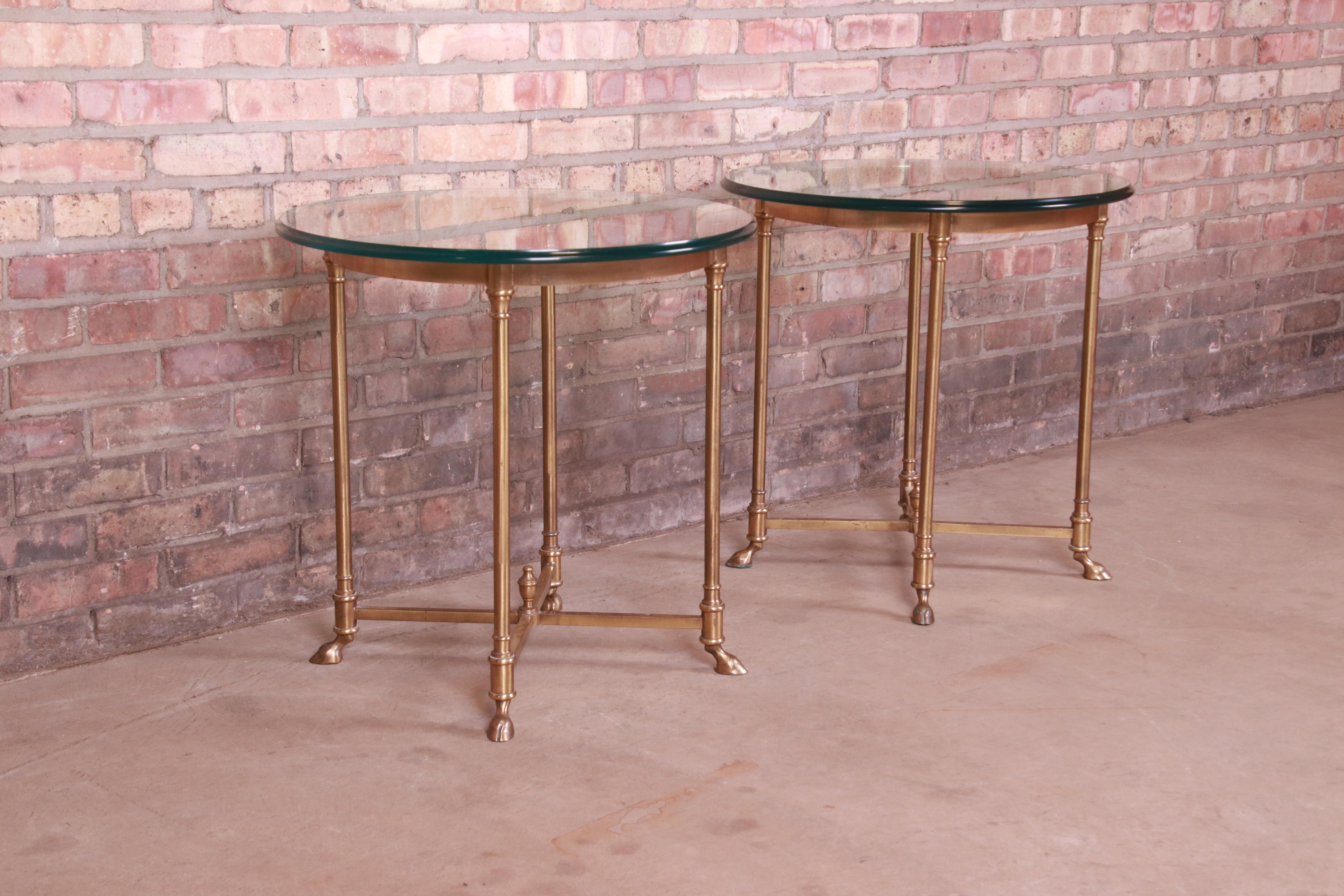 20th Century Labarge Italian Hollywood Regency Brass and Glass Side Tables with Hooved Feet