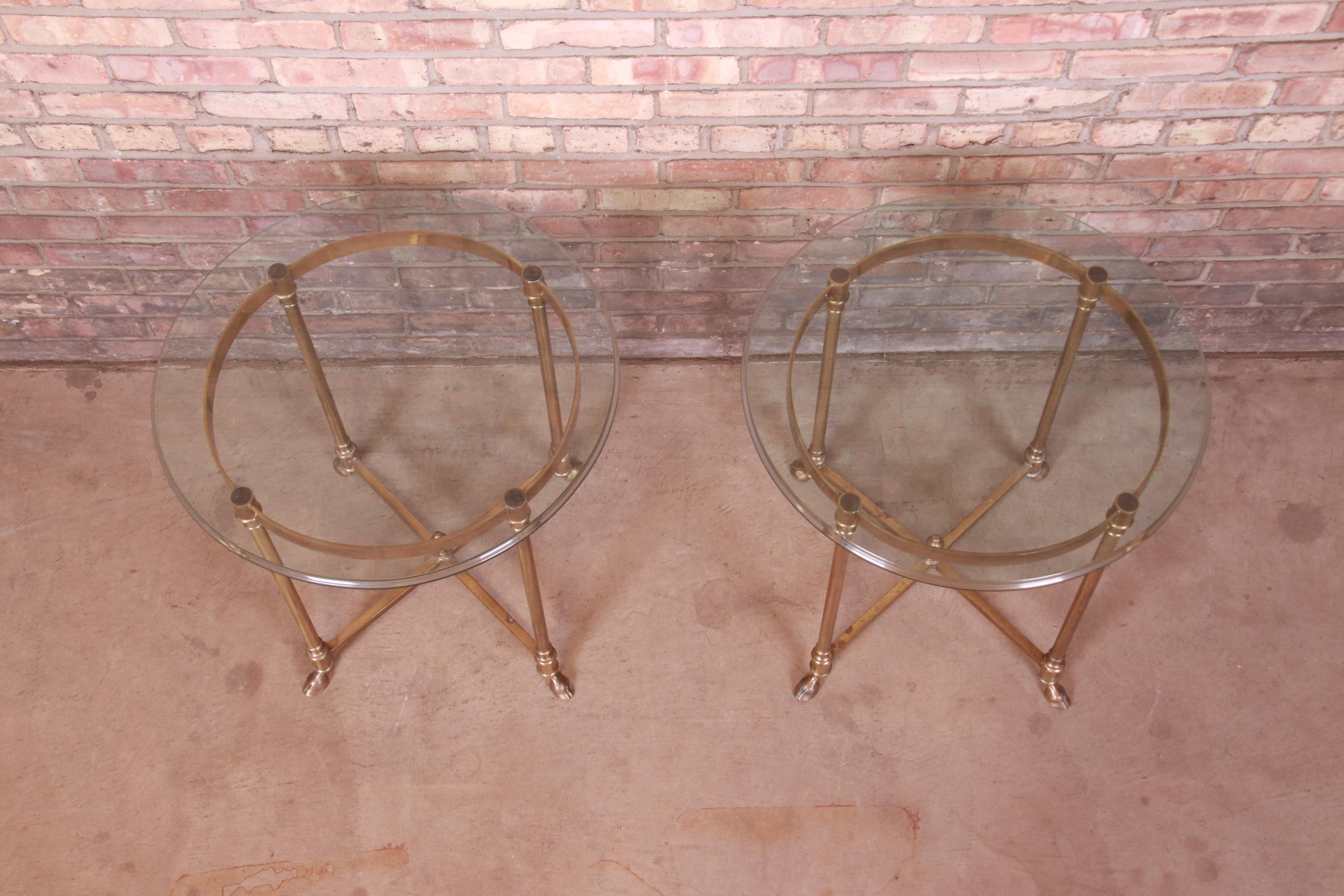 Labarge Italian Hollywood Regency Brass and Glass Side Tables with Hooved Feet 1