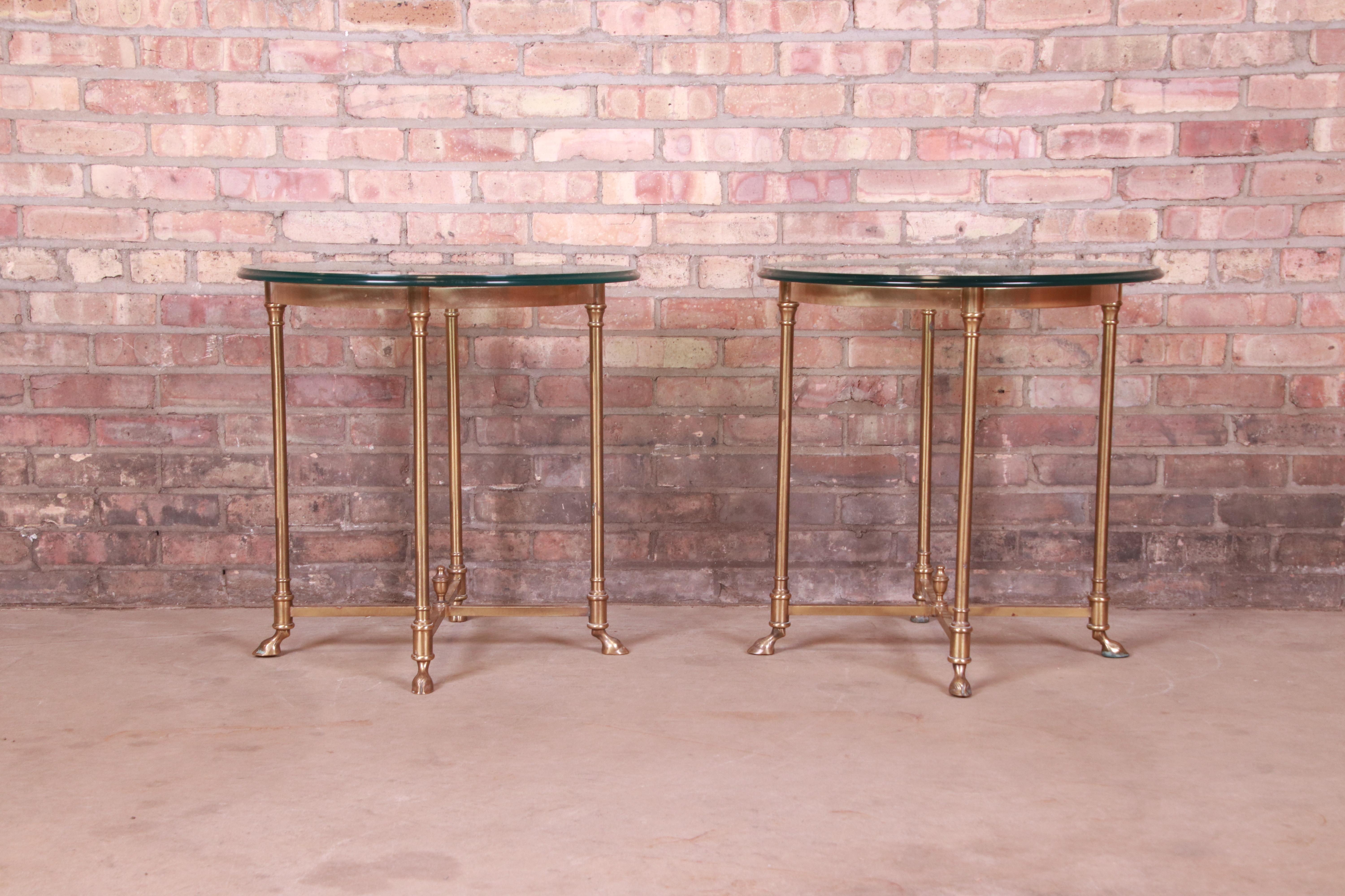Labarge Italian Hollywood Regency Brass and Glass Side Tables with Hooved Feet 2