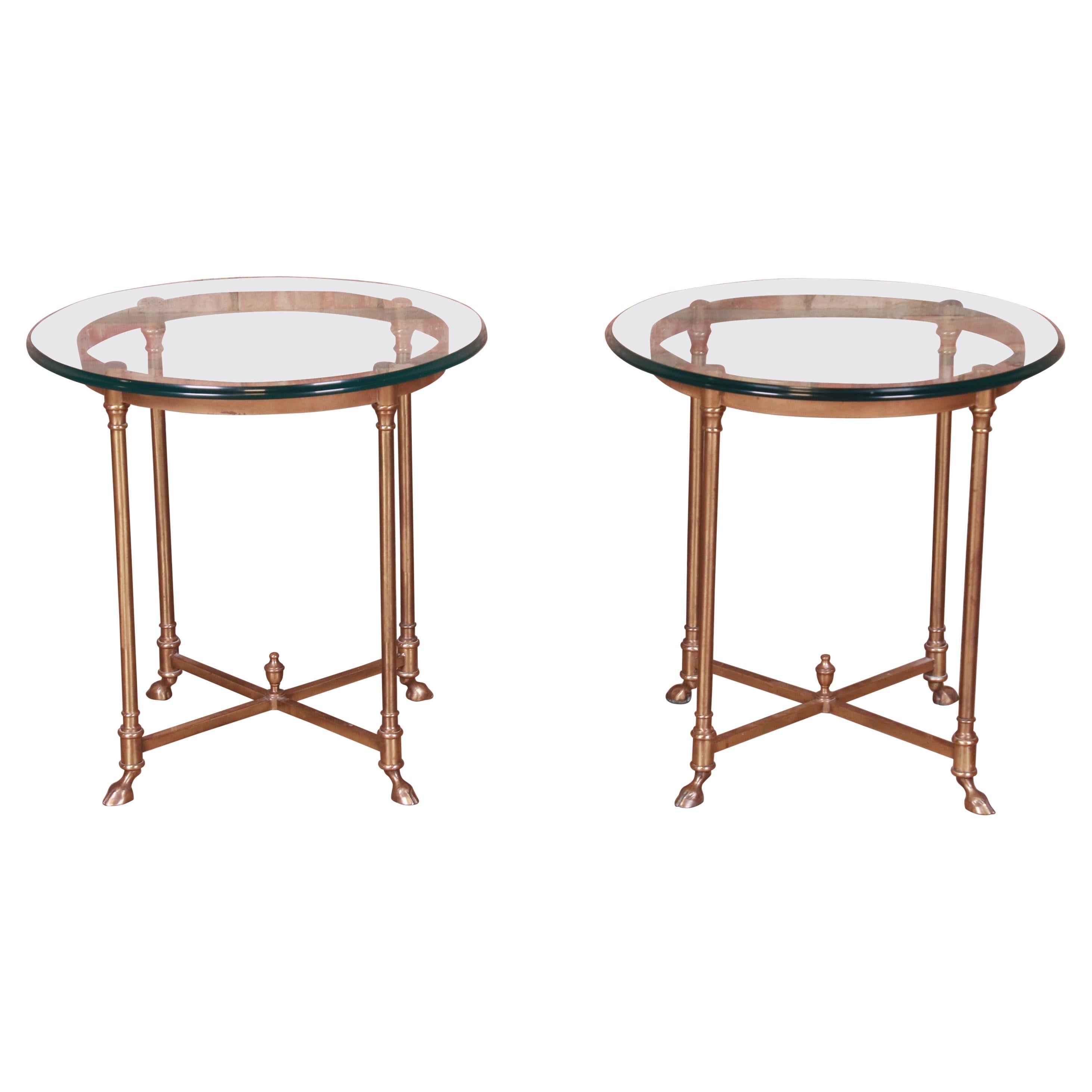 Labarge Italian Hollywood Regency Brass and Glass Side Tables with Hooved Feet