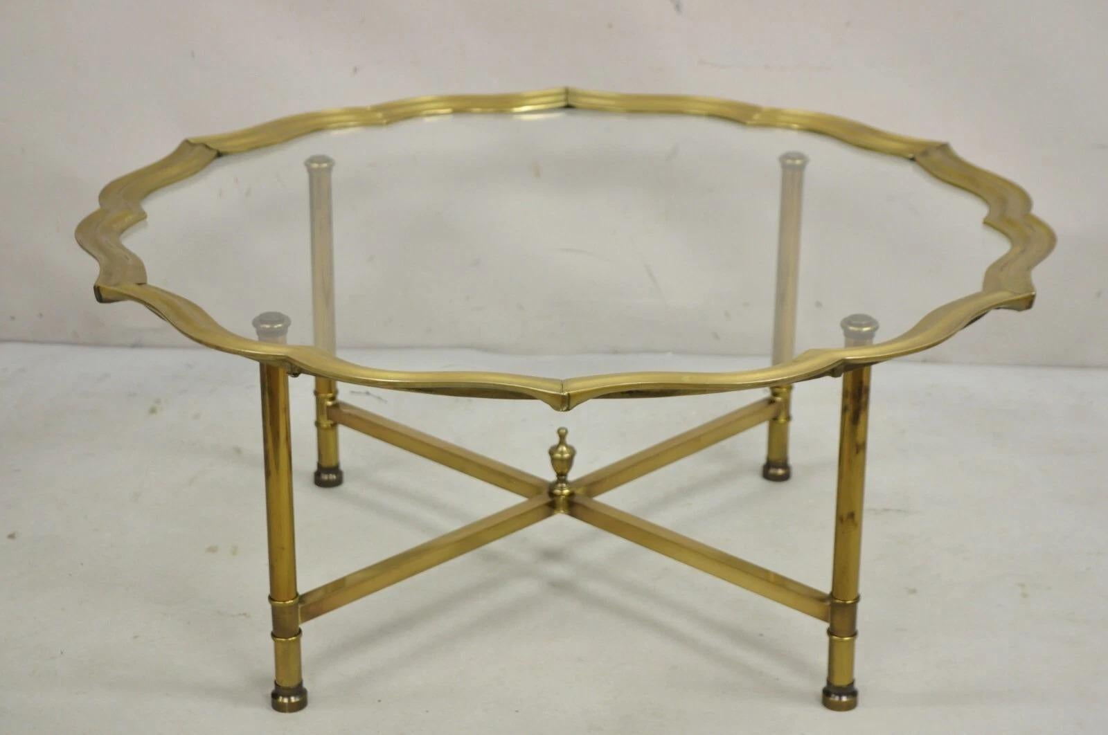 Vintage Labarge Italian Hollywood Regency Burnished Brass & Glass Scalloped Edge Tray Top Coffee Table. Circa Late 20th Century. Dimensions : 16