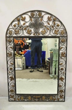 LaBarge Italian Mediterranean Wrought Iron Flower Leaf Scroll Arched Wall Mirror