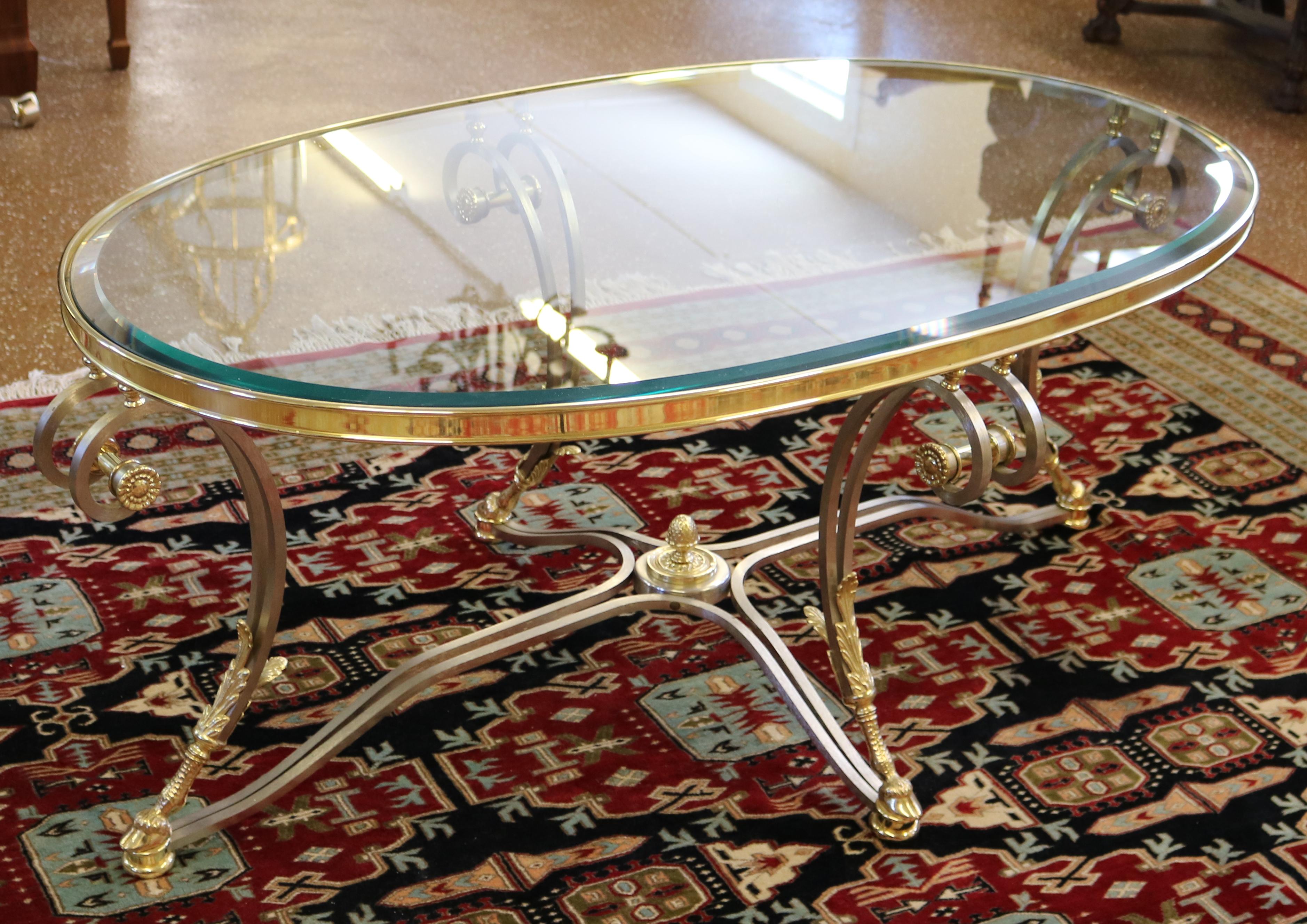 Labarge Louis XV Style Steel & Brass Glass Top Coffee Cocktail Table For Sale 5