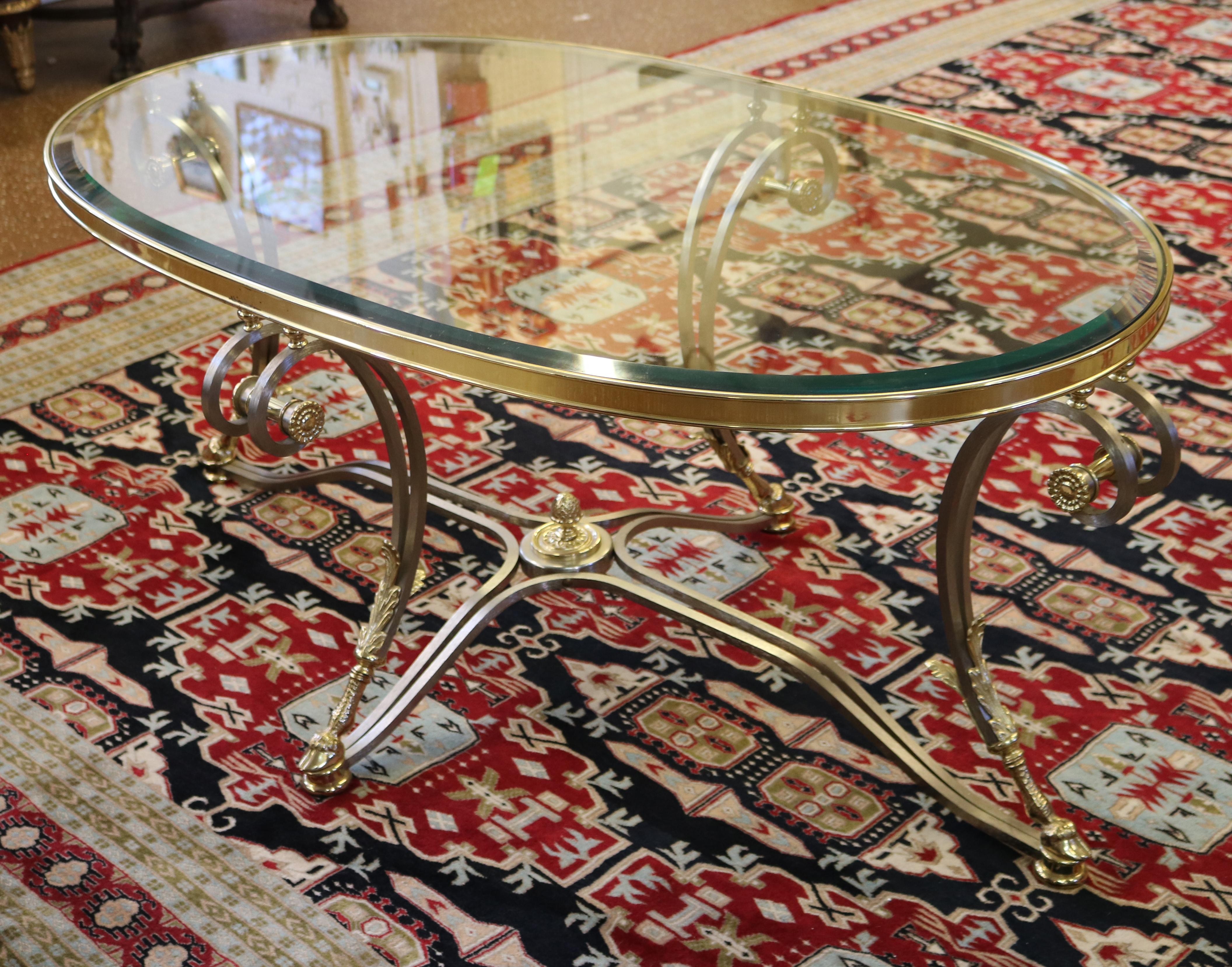 Hollywood Regency Labarge Louis XV Style Steel & Brass Glass Top Coffee Cocktail Table For Sale