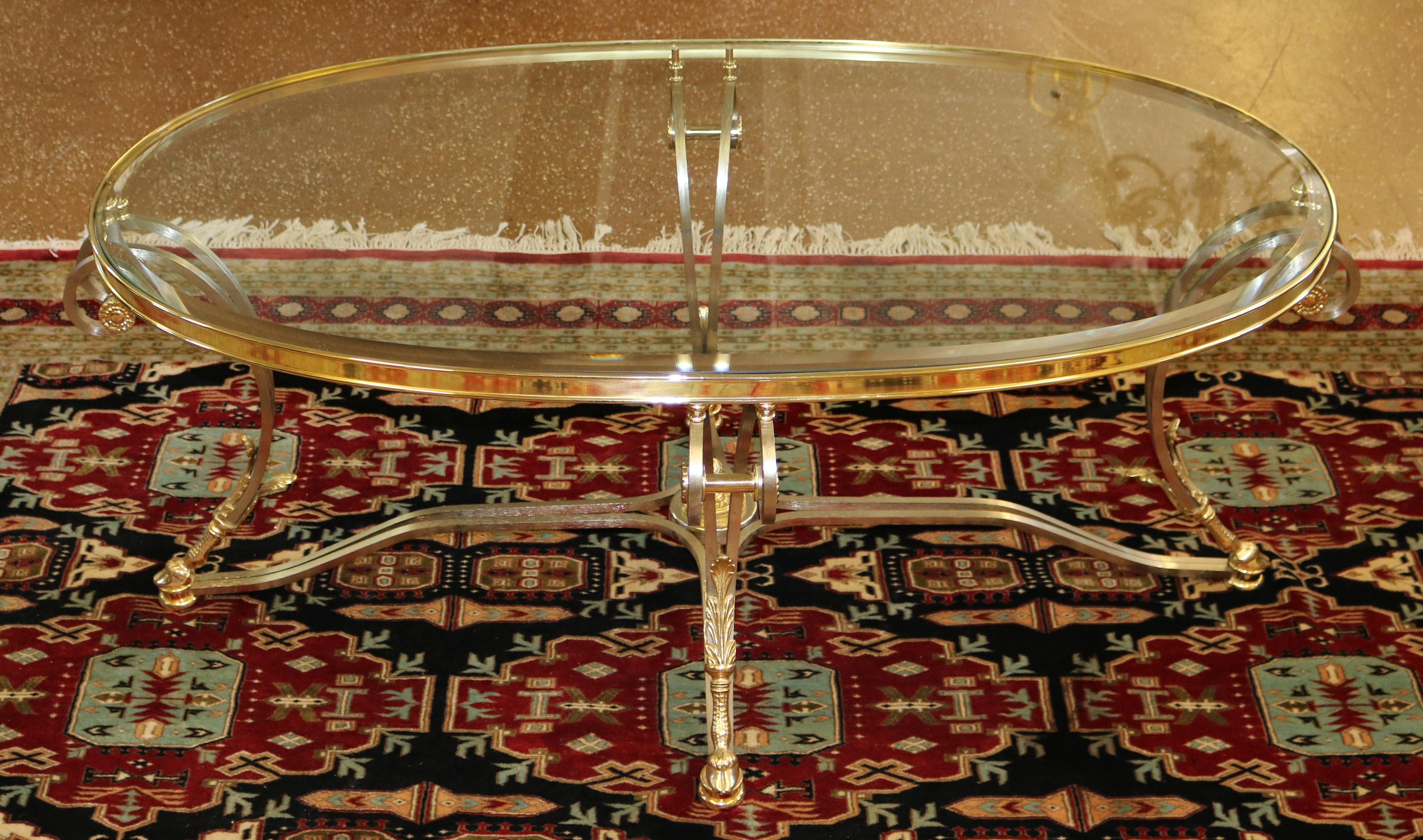 Labarge Louis XV Style Steel & Brass Glass Top Coffee Cocktail Table In Good Condition For Sale In Long Branch, NJ