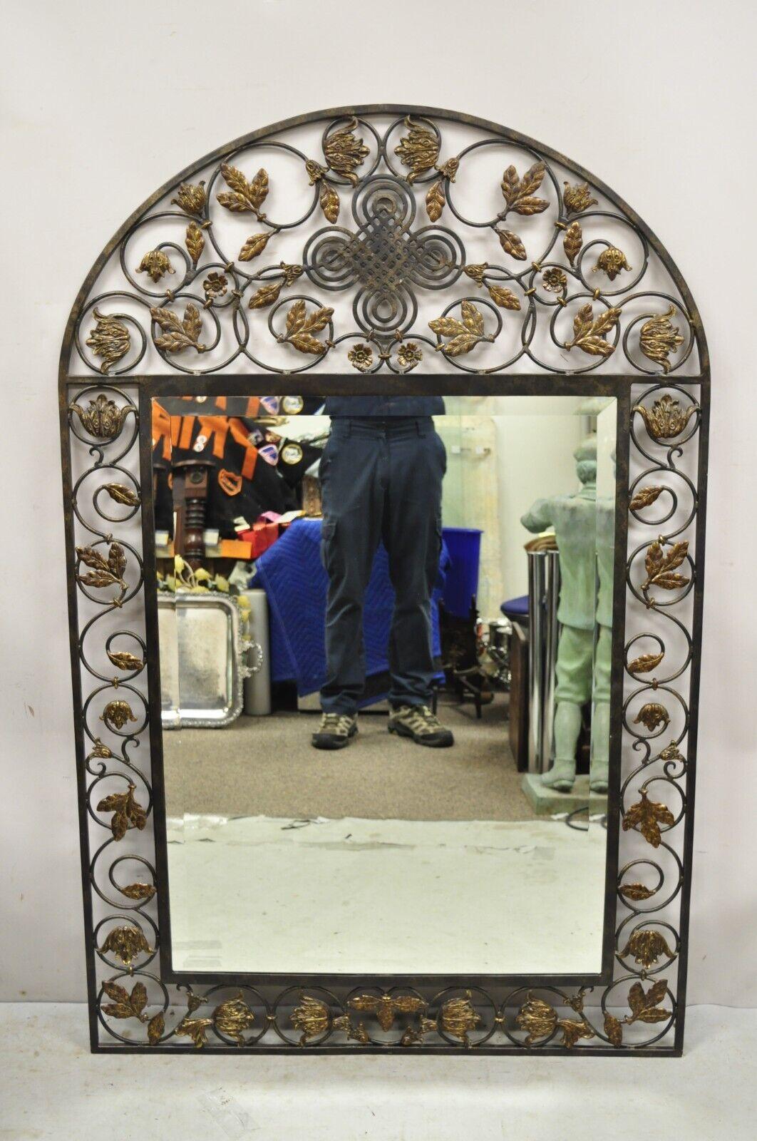 LaBarge Mediterranean Style Wrought Iron Flower Leaf Scroll Wall Mirror. Circa  Late 20th Century. Measurements: 57