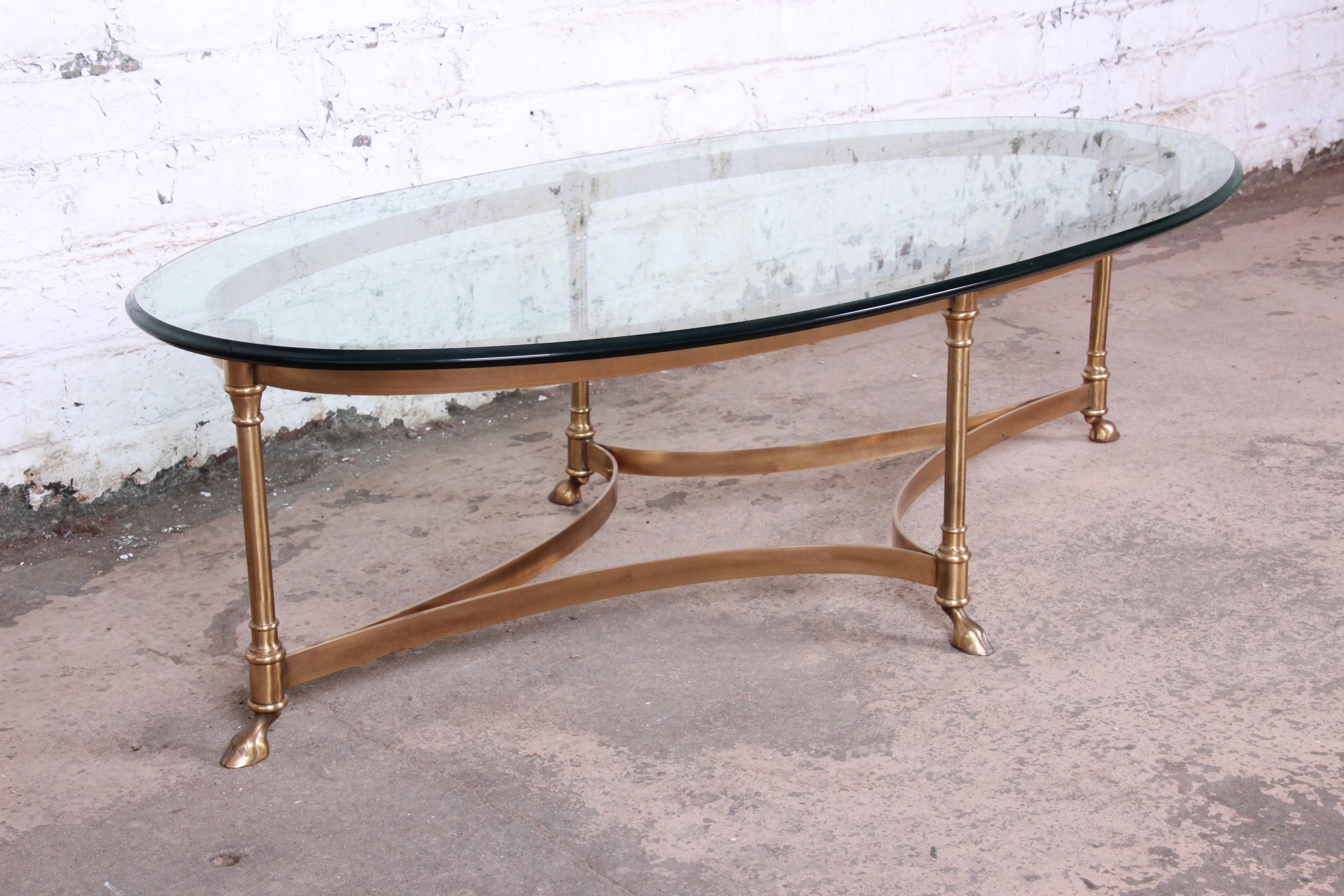 Labarge Midcentury Hollywood Regency Brass and Glass Hooved Feet Cocktail Table In Good Condition In South Bend, IN