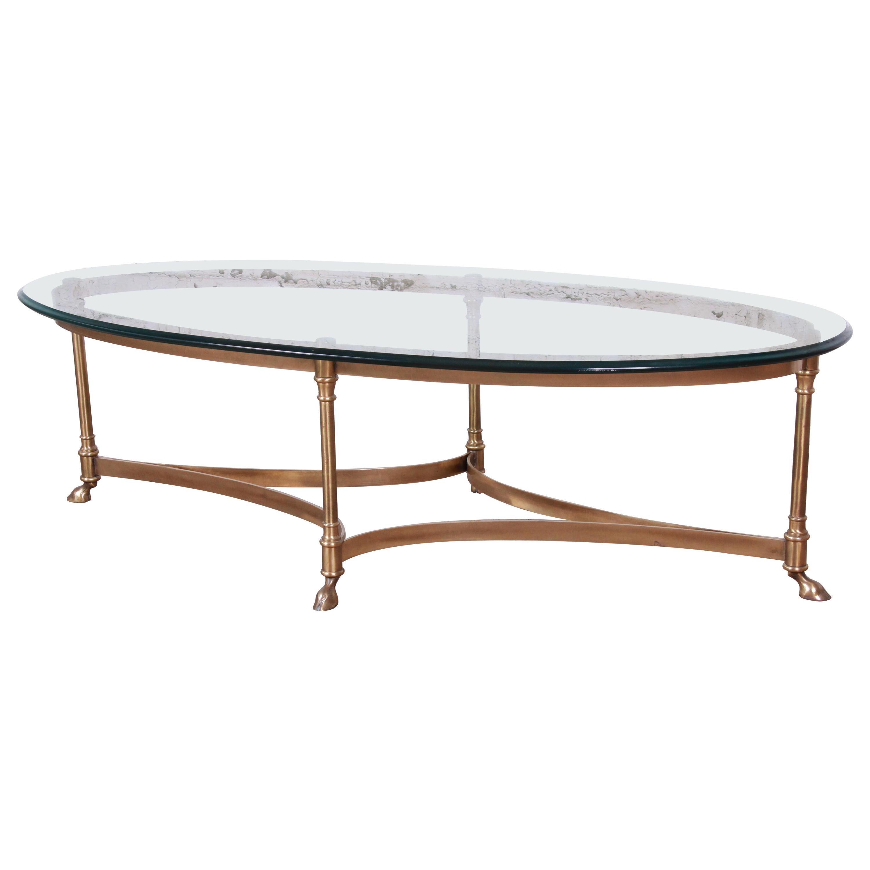 Labarge Midcentury Hollywood Regency Brass and Glass Hooved Feet Cocktail Table