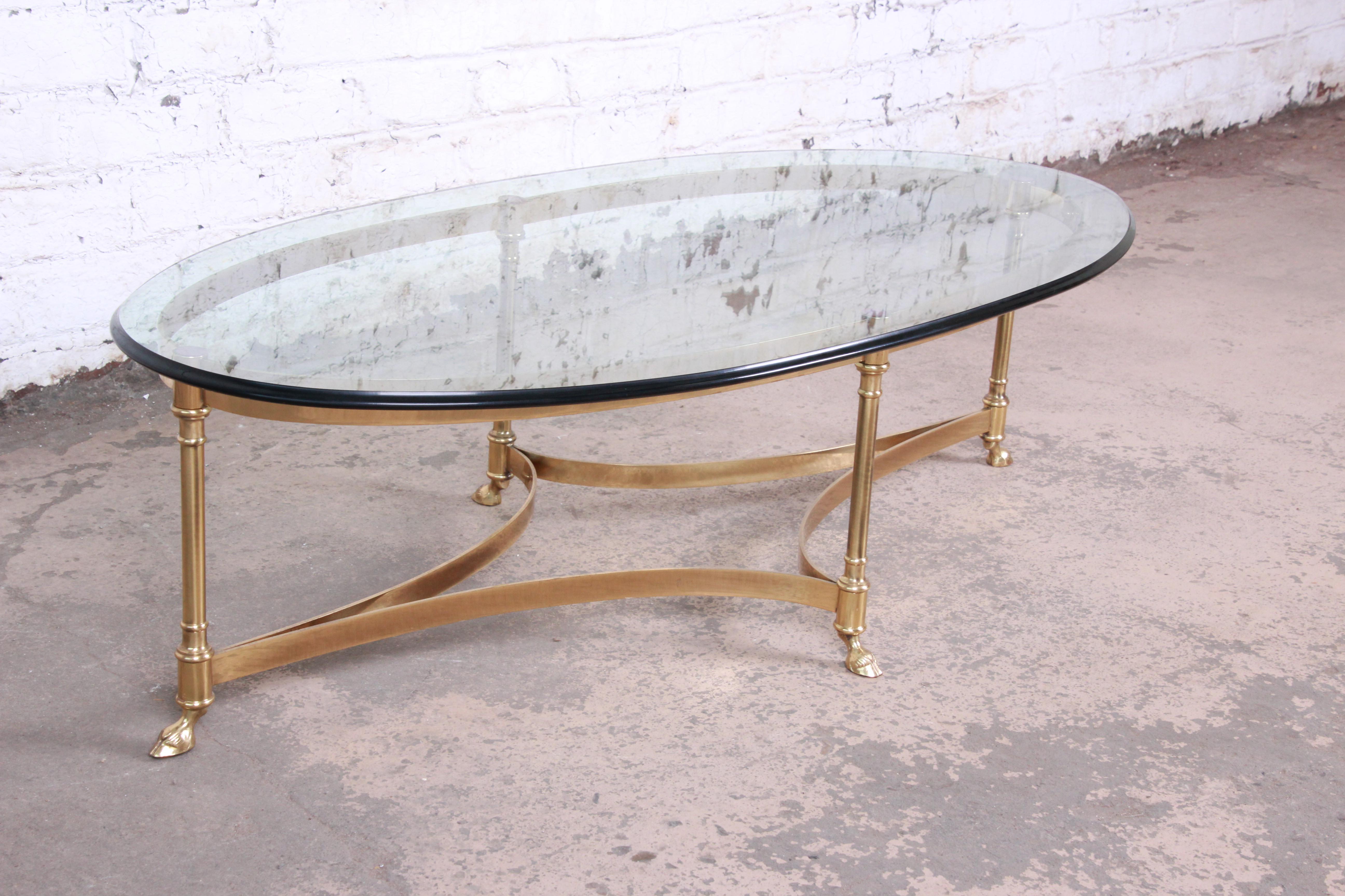 American Labarge Midcentury Hollywood Regency Brass and Glass Hooved Feet Coffee Table