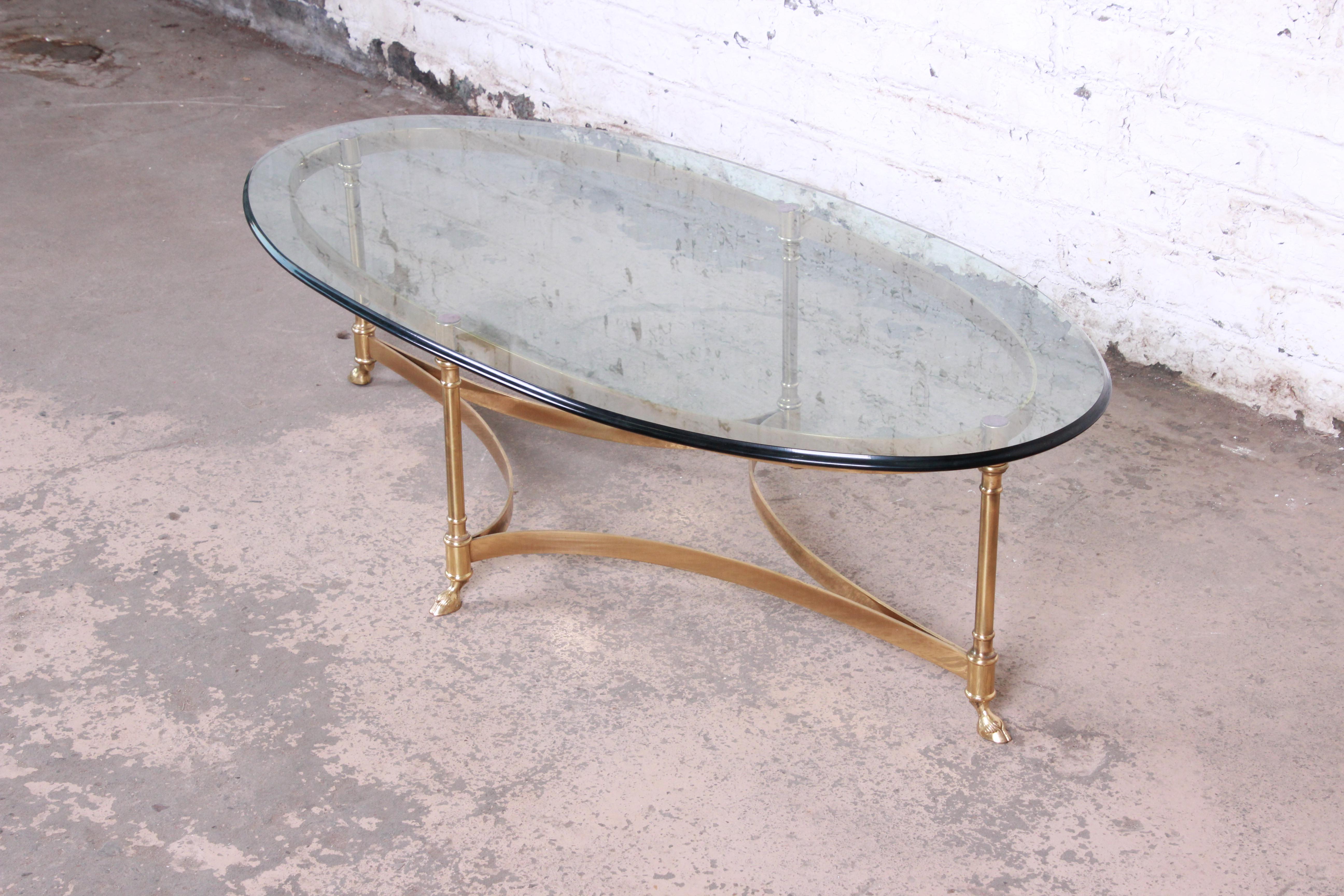Mid-20th Century Labarge Midcentury Hollywood Regency Brass and Glass Hooved Feet Coffee Table