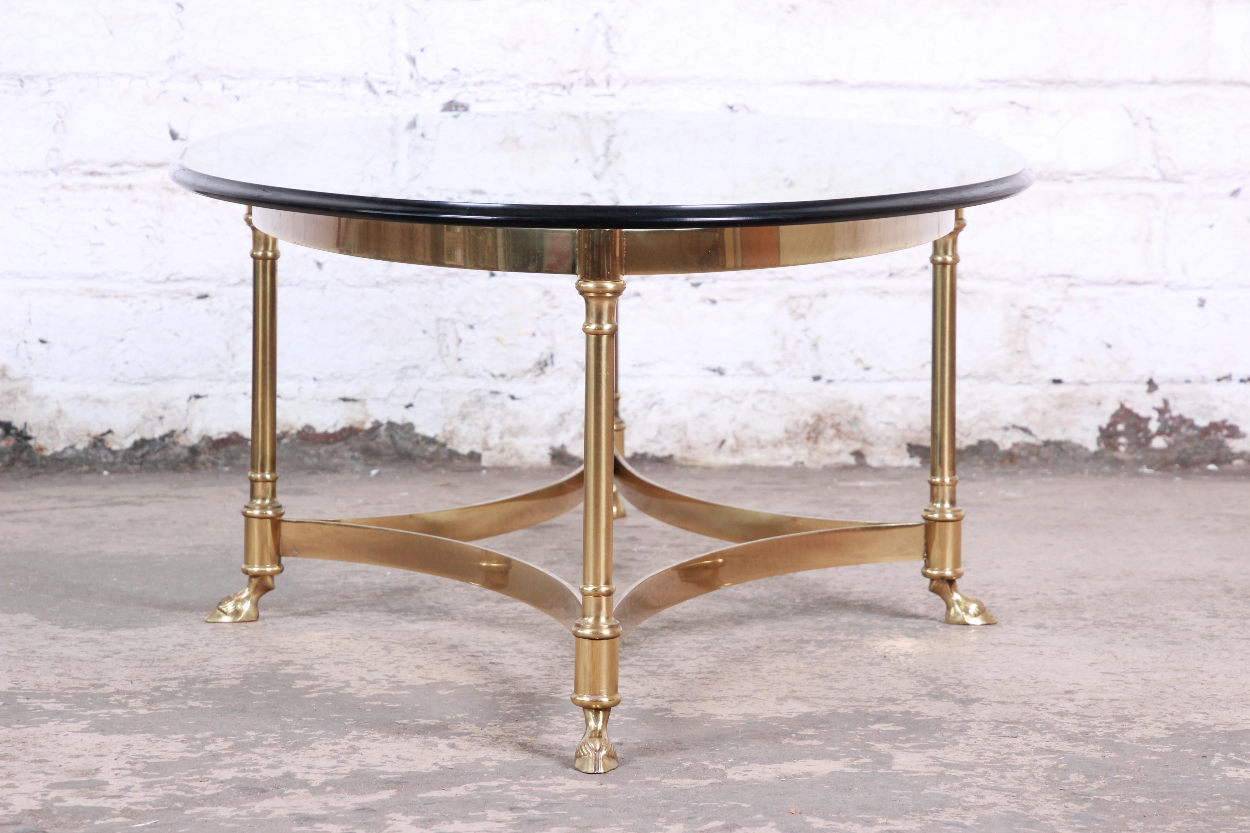 Labarge Midcentury Hollywood Regency Brass and Glass Hooved Feet Coffee Table 1