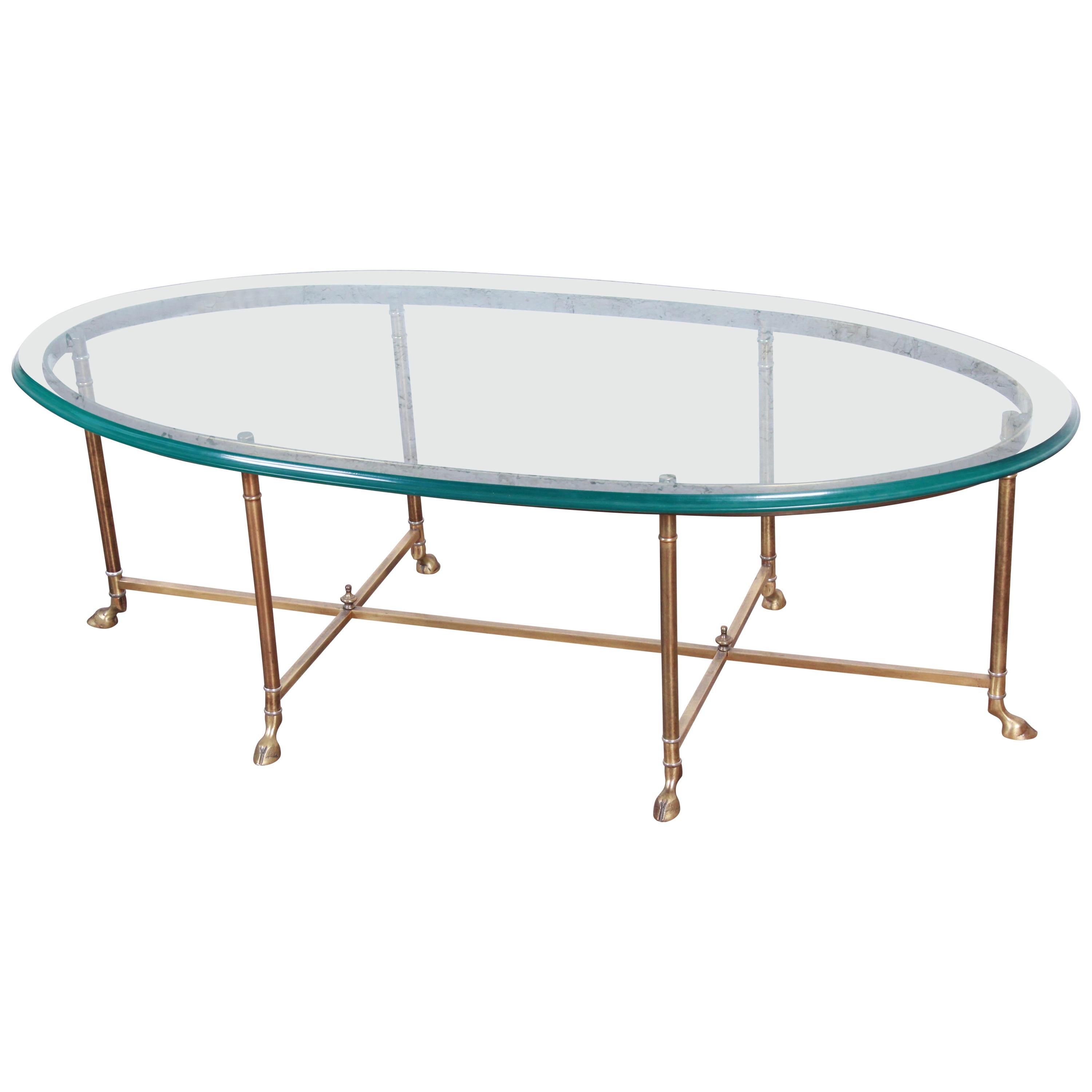 Labarge Midcentury Hollywood Regency Brass and Glass Hooved Feet Coffee Table
