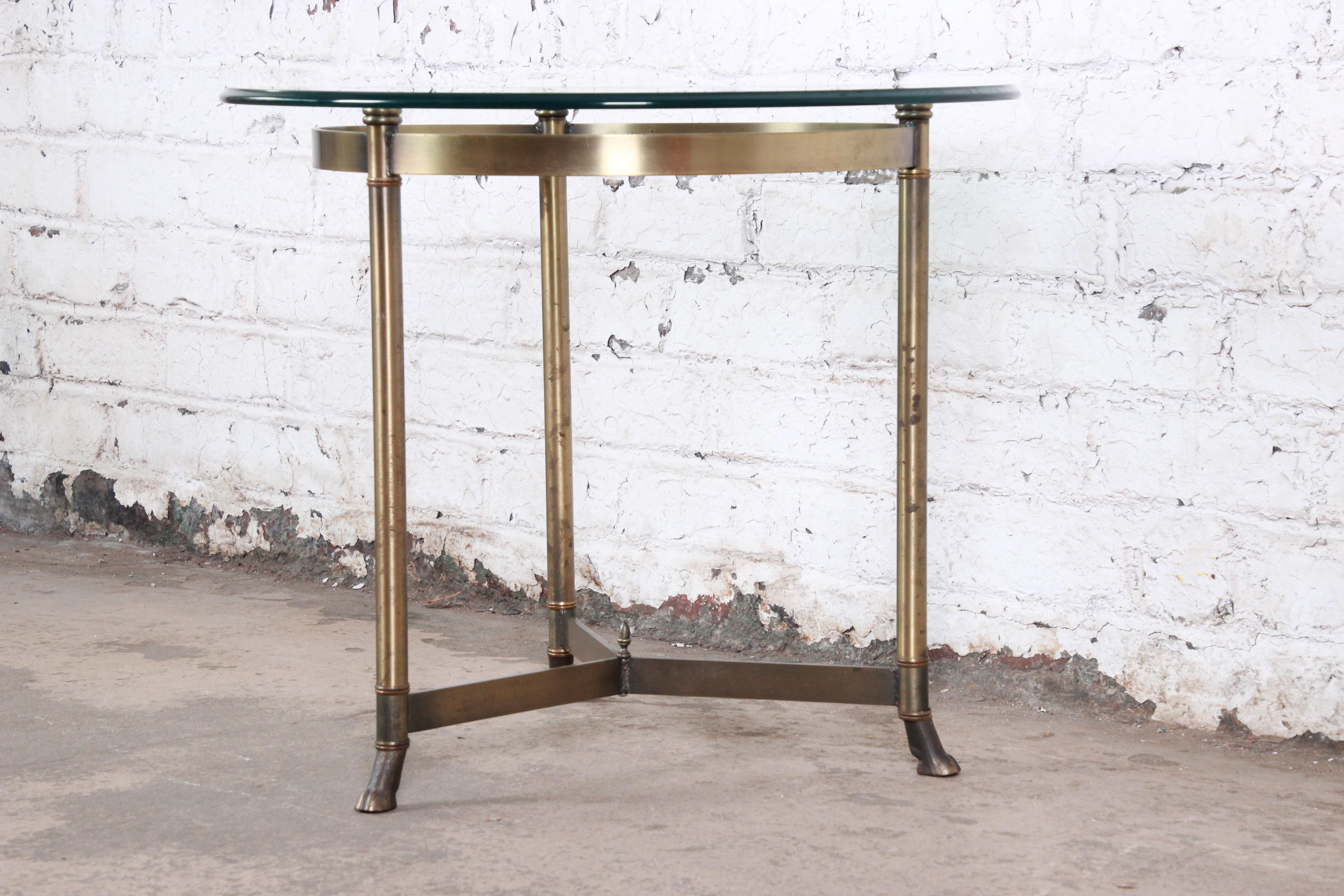 American Labarge Midcentury Hollywood Regency Brass and Glass Hooved Feet Side Table