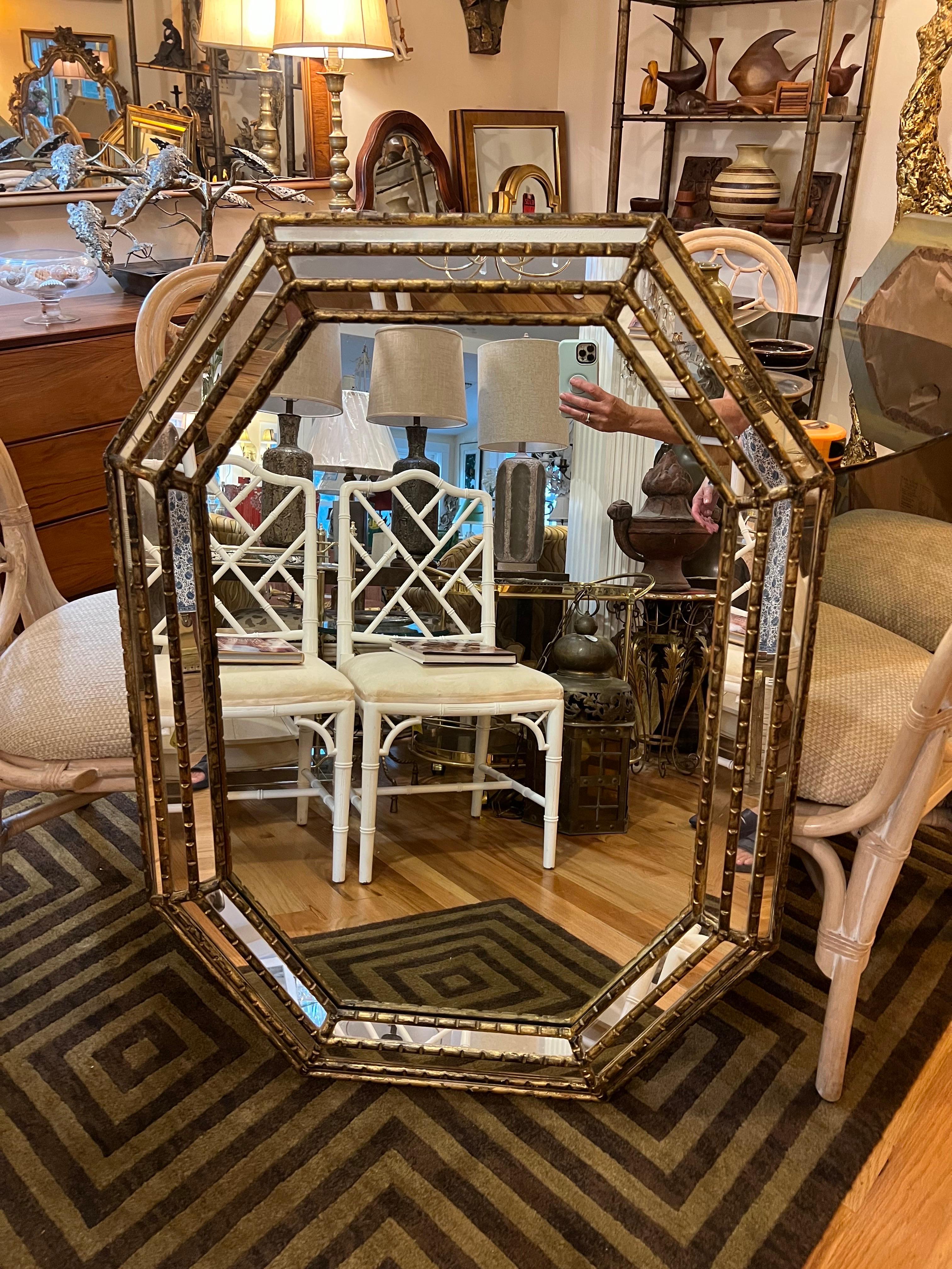 LaBarge Style octagonal gilt mirror. Thick triple Beveled edges and wide frame make up this beauty. Interesting octagonal shape. Perfect for a hallway or above a vanity.
Solid wood and very well made piece. Back when they made things right and they
