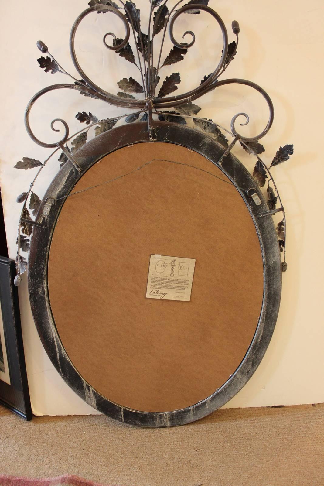 LaBarge Oval Adam Style Wood and Italian Metal Beveled Mirror For Sale 2