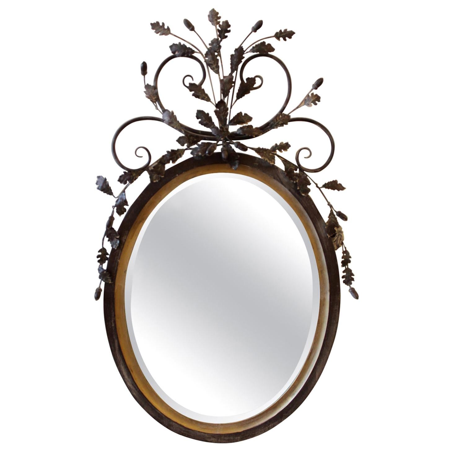 LaBarge Oval Adam Style Wood and Italian Metal Beveled Mirror