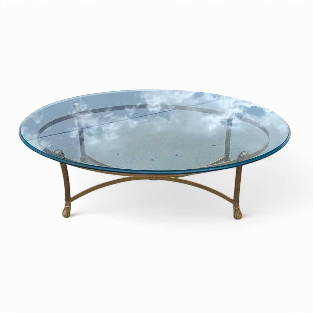 Labarge, Oval Brass Base Coffee Table, Glass Top, USA, c. 1970s For Sale 4