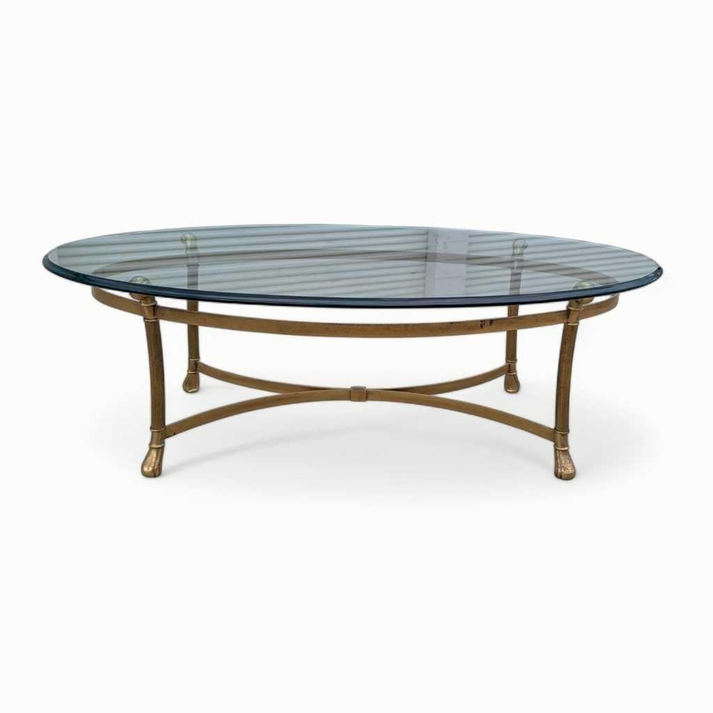 Hollywood Regency Labarge, Oval Brass Base Coffee Table, Glass Top, USA, c. 1970s For Sale