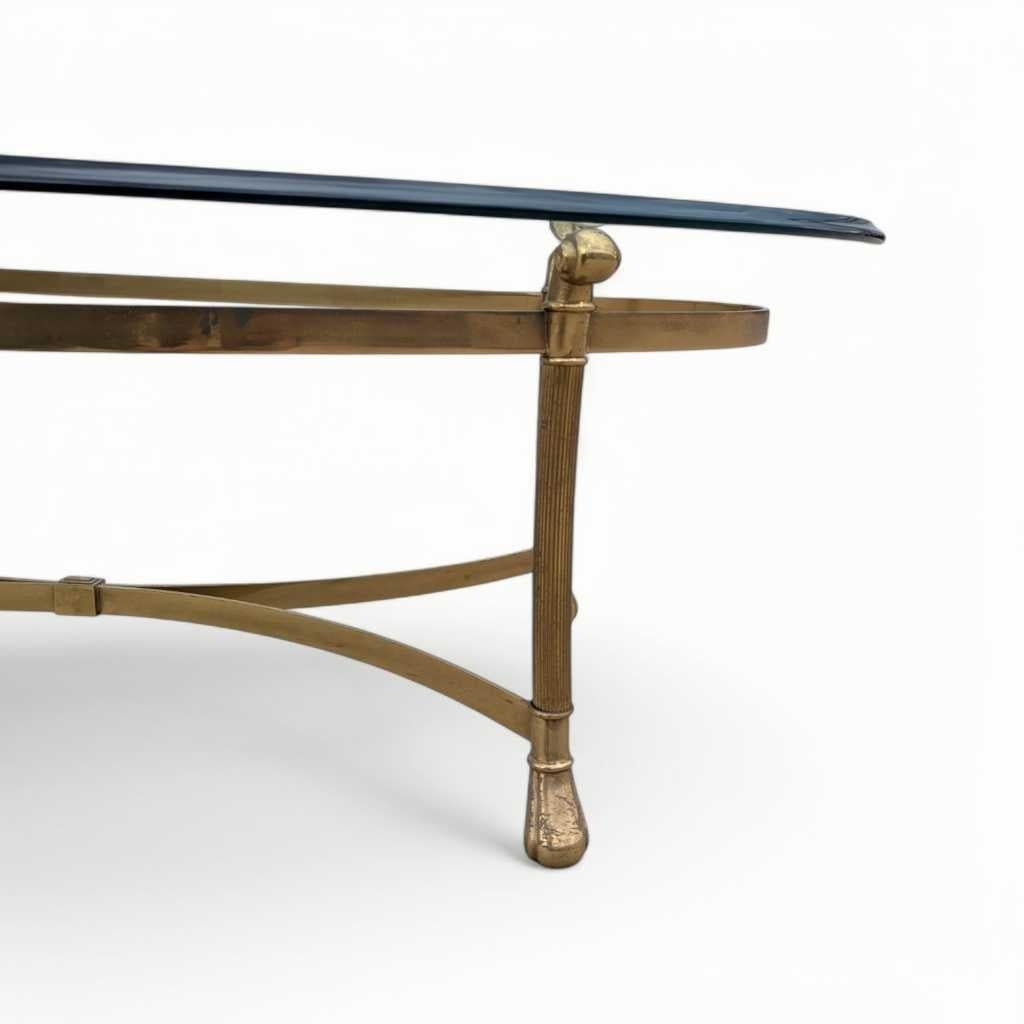 American Labarge, Oval Brass Base Coffee Table, Glass Top, USA, c. 1970s For Sale