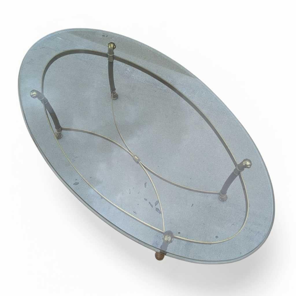 Polished Labarge, Oval Brass Base Coffee Table, Glass Top, USA, c. 1970s For Sale