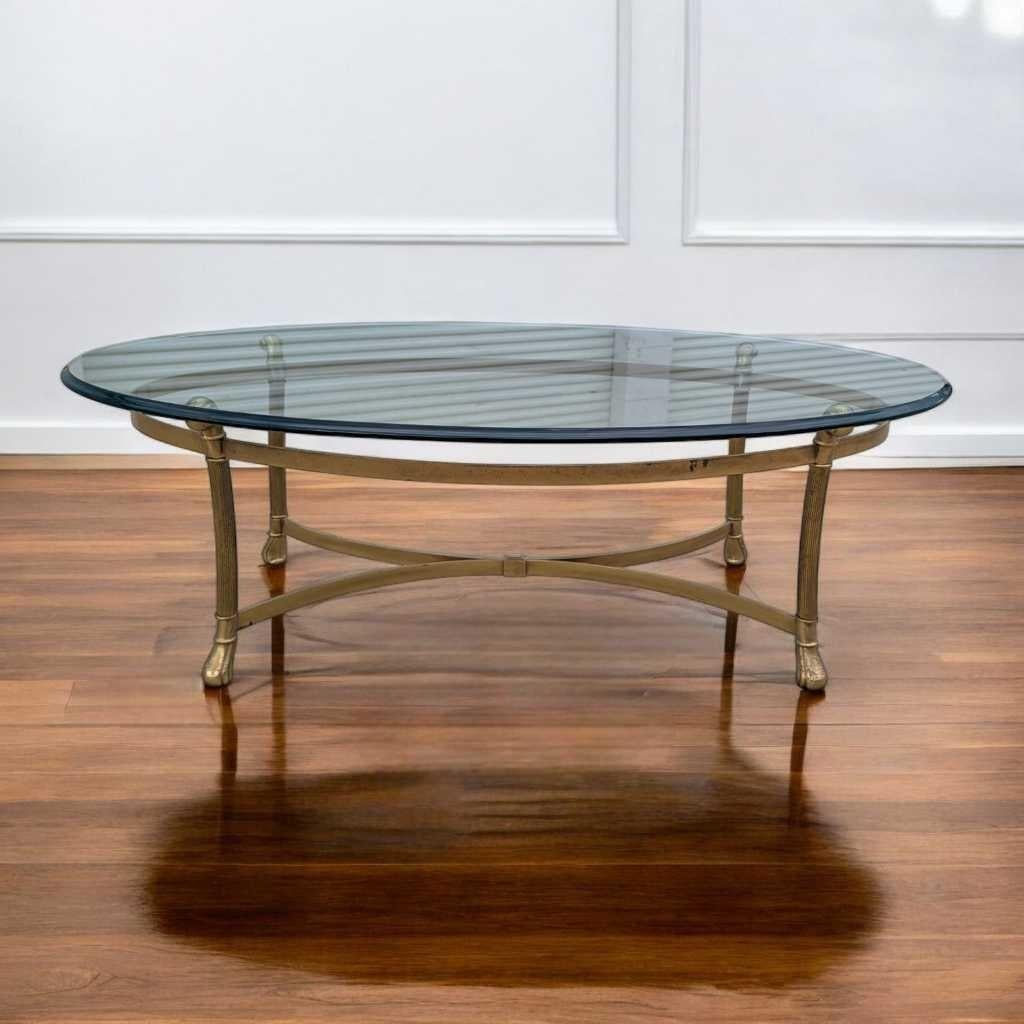 Labarge, Oval Brass Base Coffee Table, Glass Top, USA, c. 1970s In Good Condition For Sale In Rancho Cucamonga, CA
