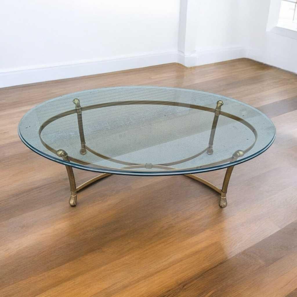 Labarge, Oval Brass Base Coffee Table, Glass Top, USA, c. 1970s For Sale 1