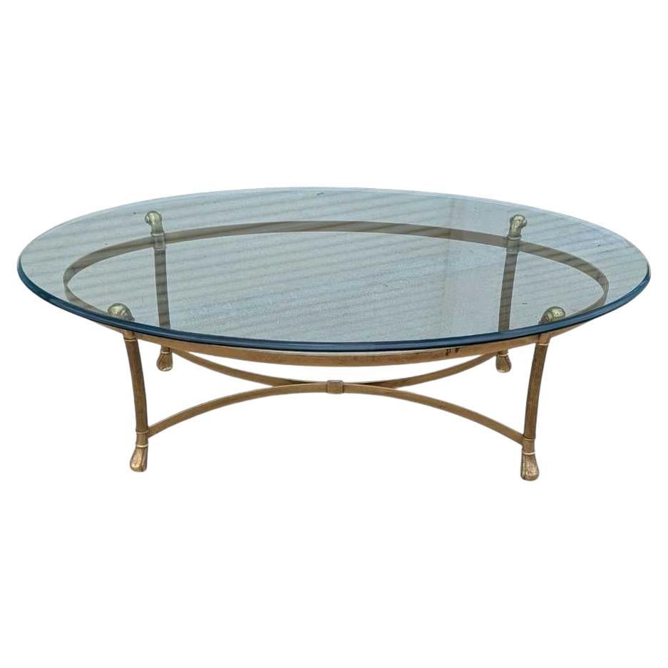 Labarge, Oval Brass Base Coffee Table, Glass Top, USA, c. 1970s For Sale