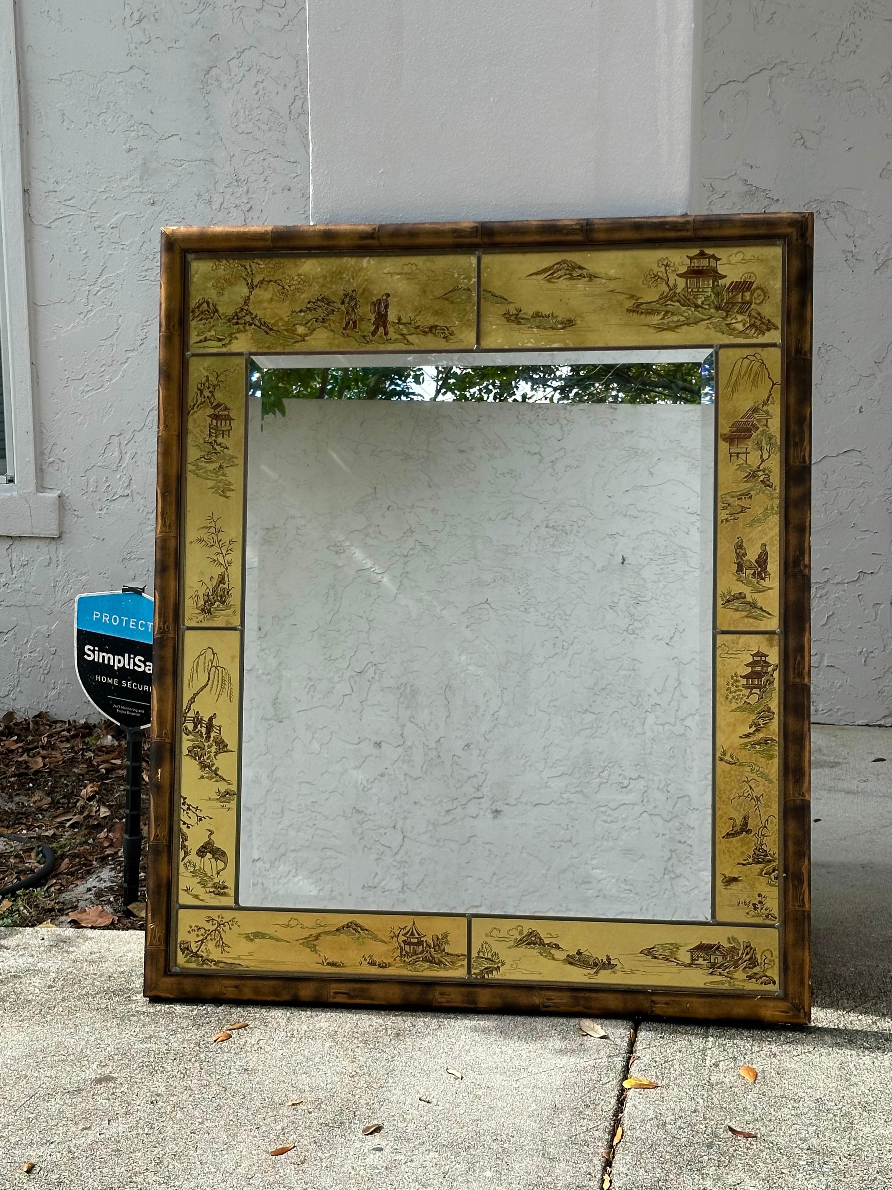 American LaBarge Painted Chinoiserie Customized Faux Bamboo Frame Mirror For Sale