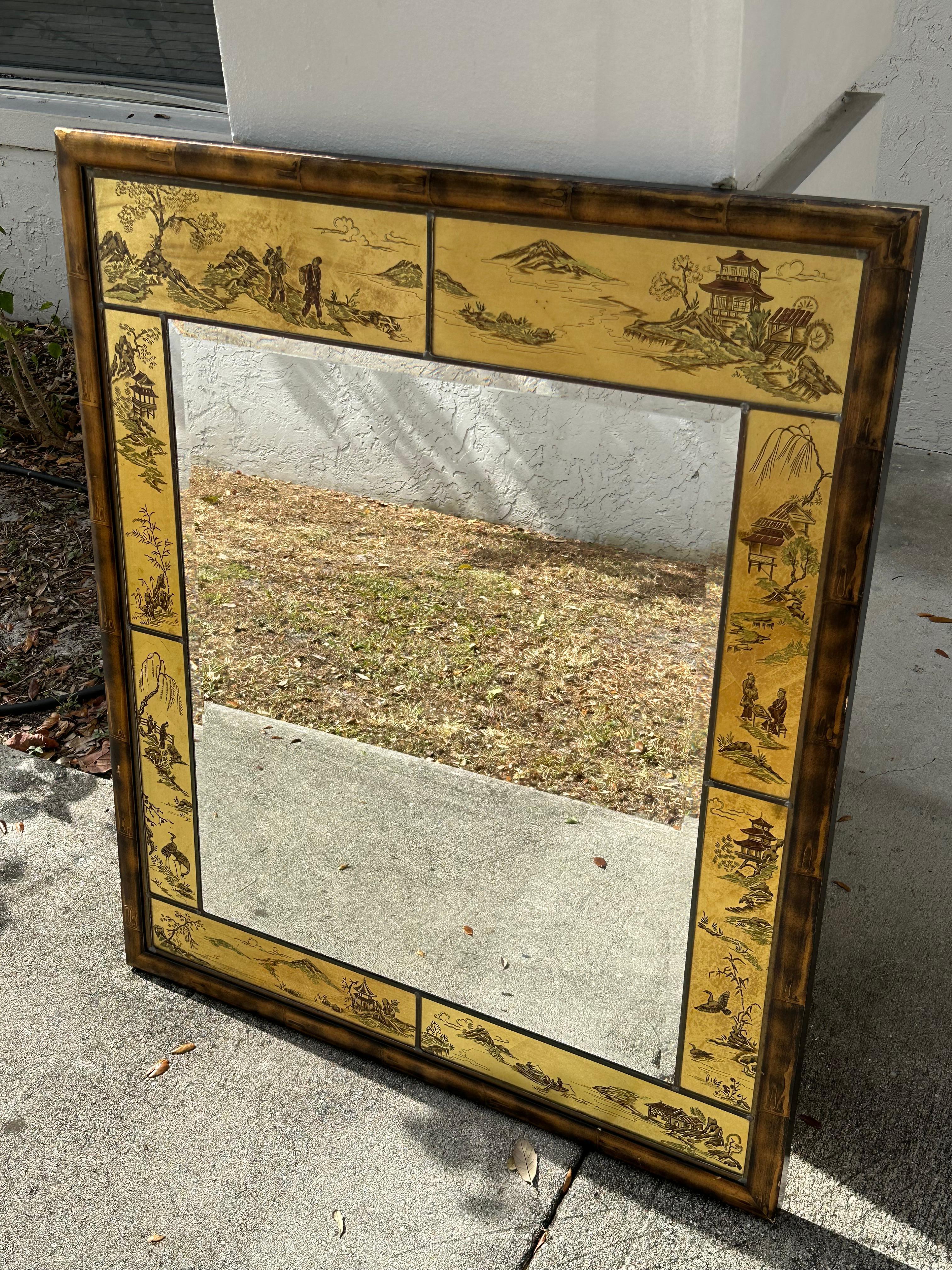 Late 20th Century LaBarge Painted Chinoiserie Customized Faux Bamboo Frame Mirror For Sale