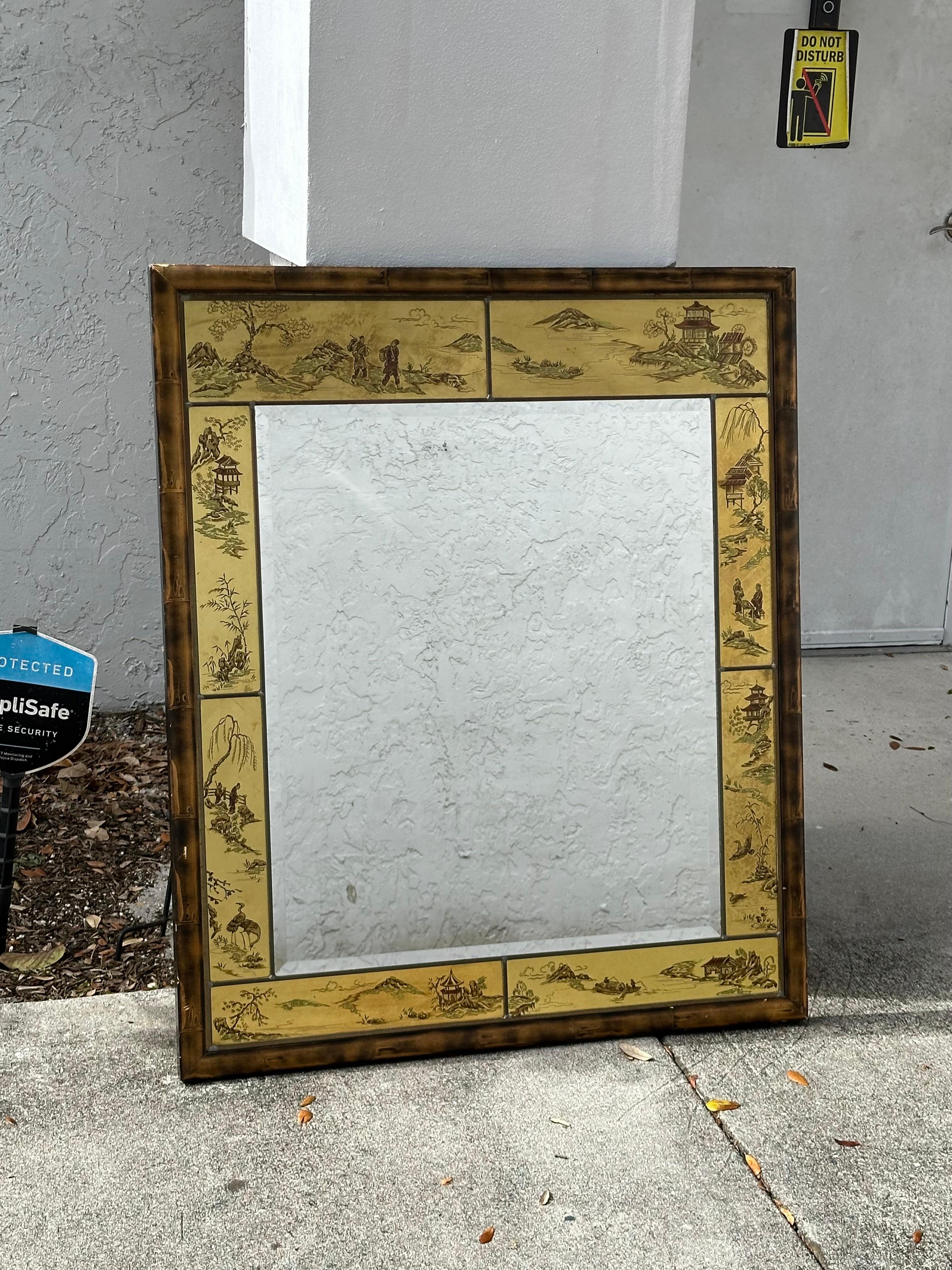 Glass LaBarge Painted Chinoiserie Customized Faux Bamboo Frame Mirror For Sale