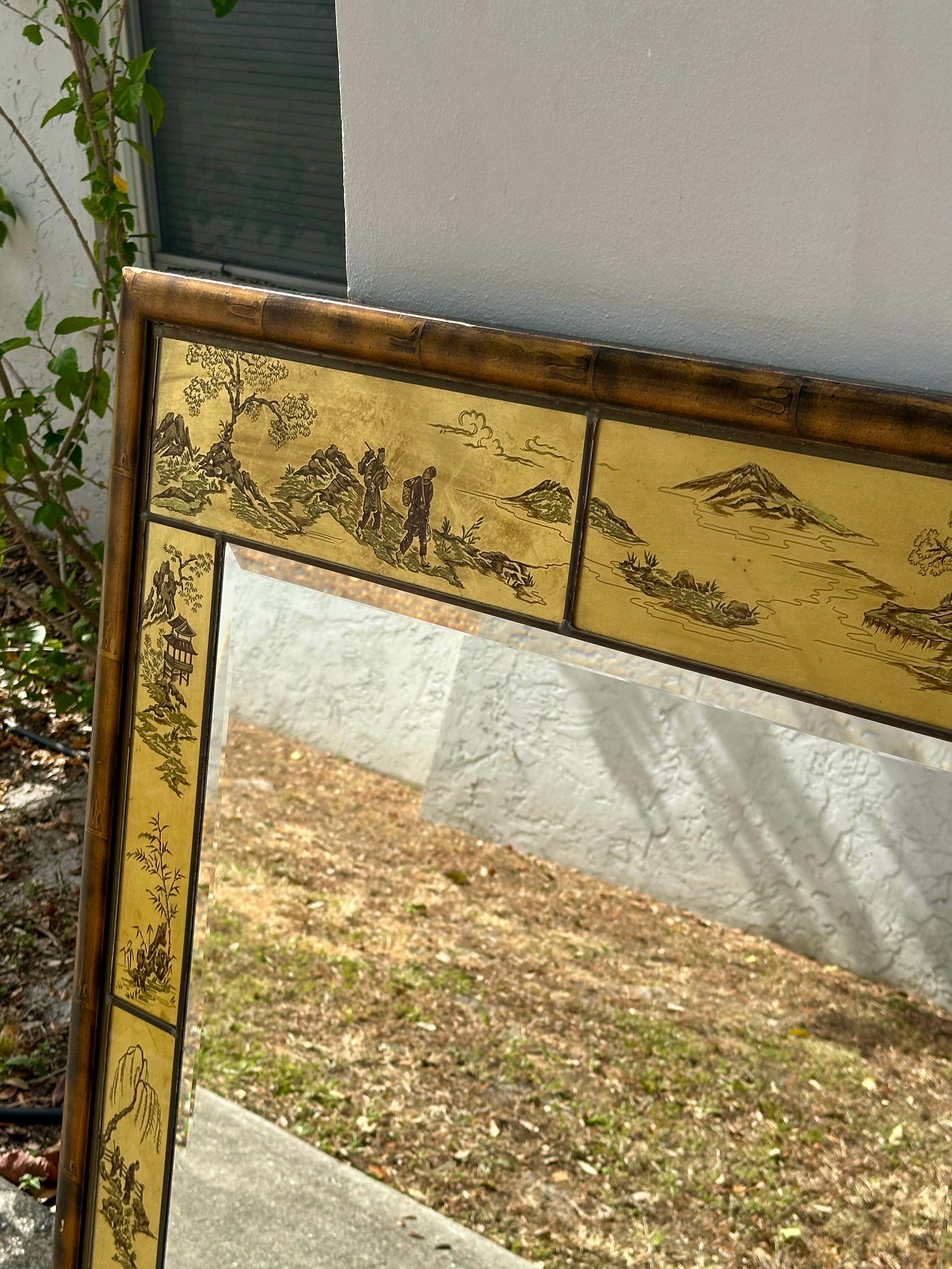 LaBarge Painted Chinoiserie Customized Faux Bamboo Frame Mirror For Sale 2