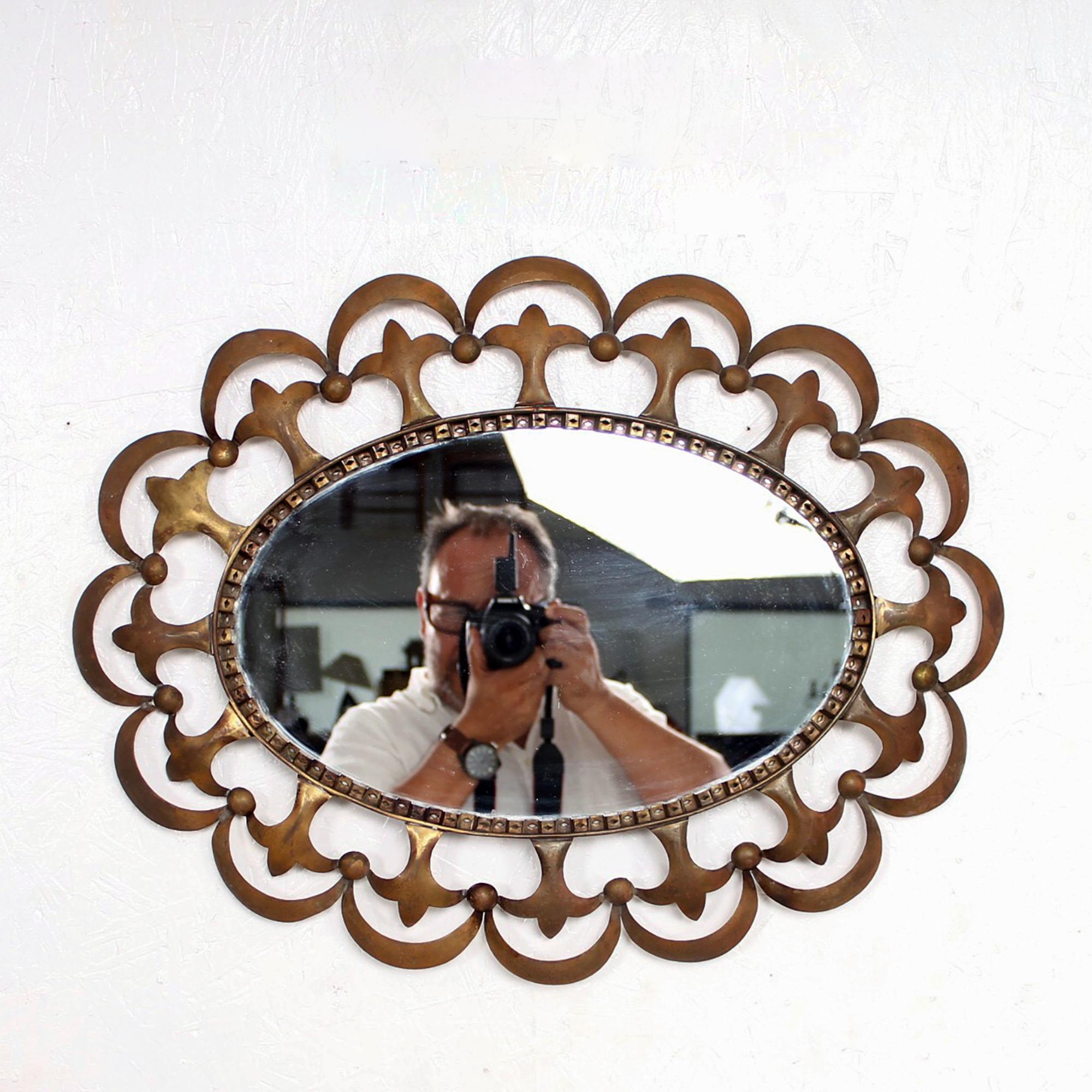Labarge Regency Fleur-de-Lis Oval Wall Mirror Solid Brass Subtle Ornate Detail 2